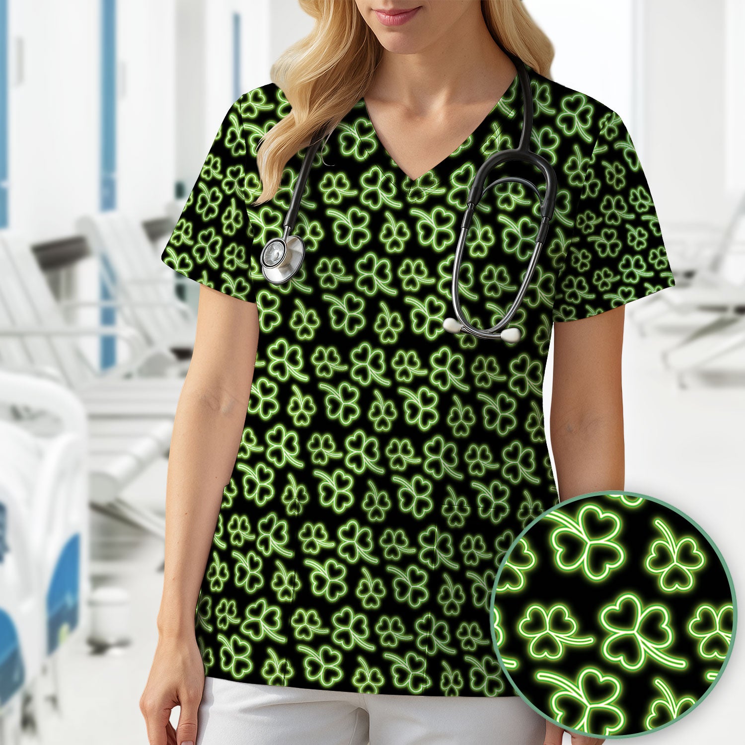 Neon Shamrock Nurse Scrub Top, St. Patrick’s Day Glow Green Pattern Pattern Shirt,  Breathable Fabrics Nursing Uniform