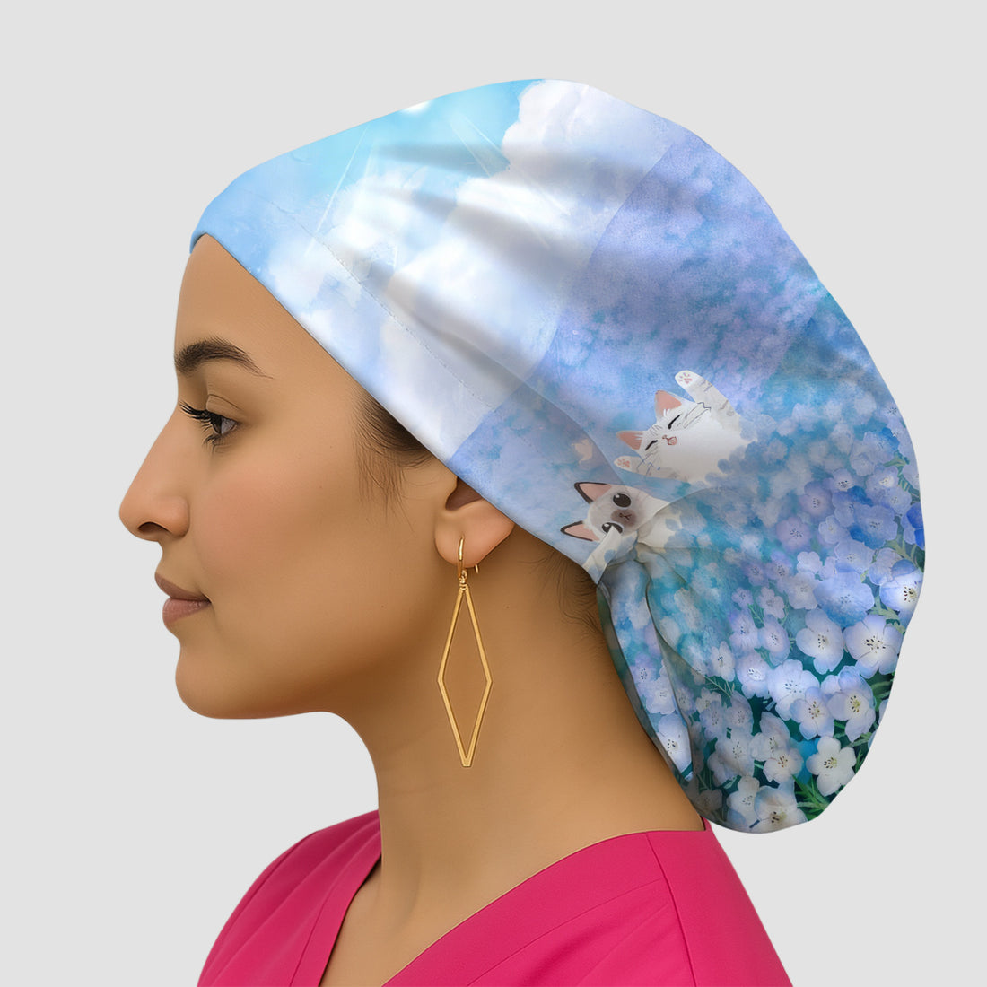 Dreamy Cat Cloud Hydrangea Sky Pattern Scrub Cap, Surgical Caps for Doctors