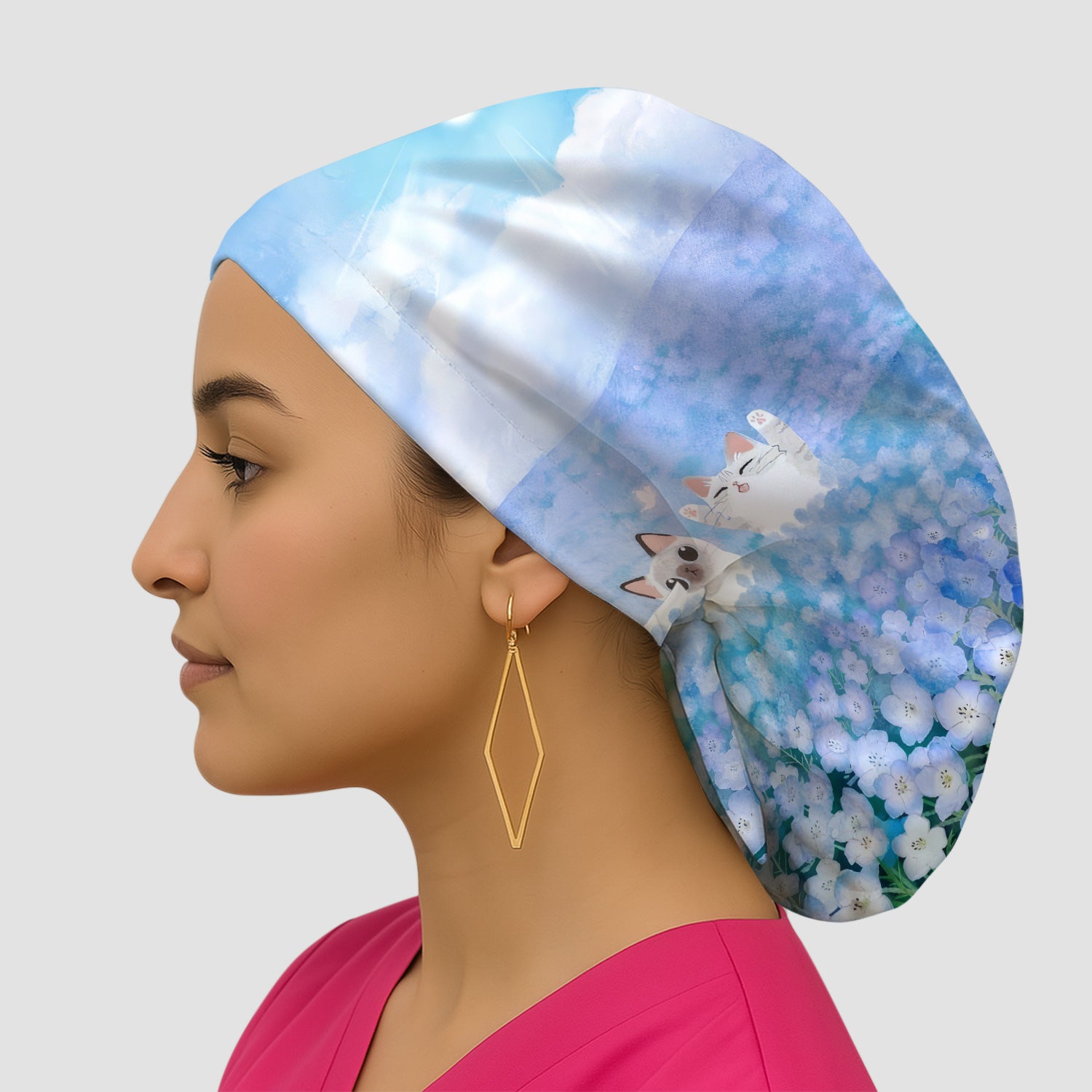 Dreamy Cat Cloud Hydrangea Sky Pattern Scrub Cap, Surgical Caps for Doctors