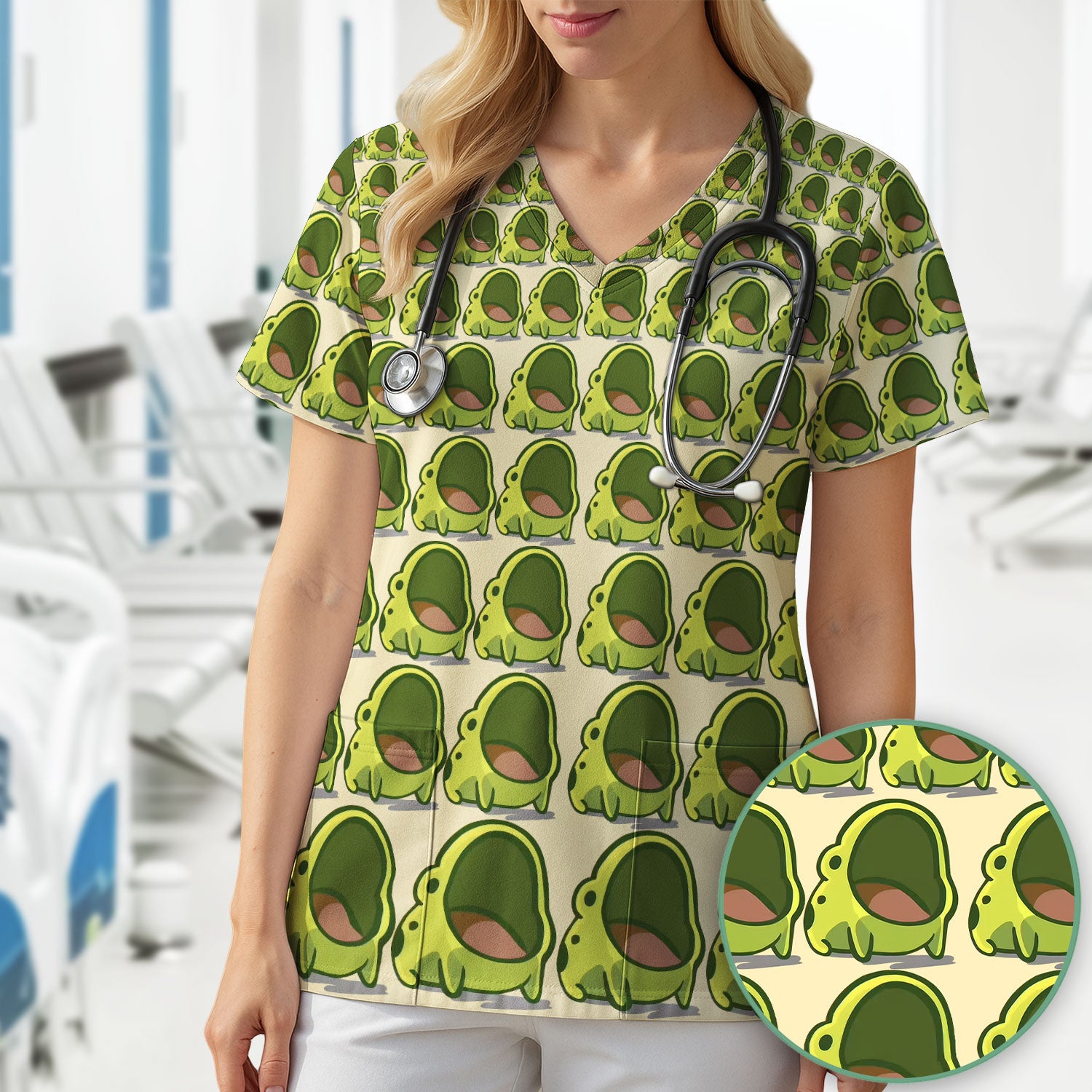 Cute Green Frog Cartoon Pattern Scrub Top, Breathable Fabrics Nursing Uniform