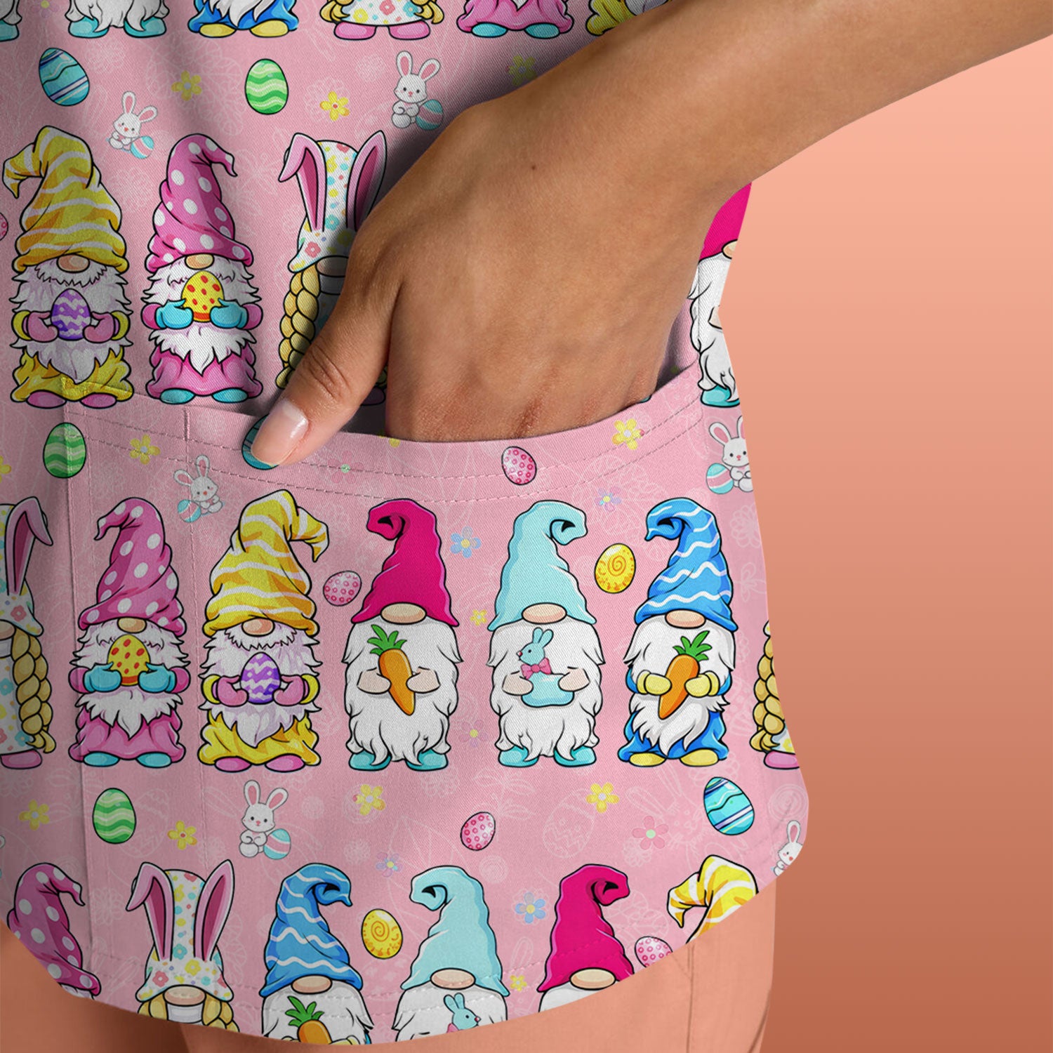 Colorful Easter Gnome Bunny Eggs Print Scrub Top, Comfortable Scrubs for Nurses