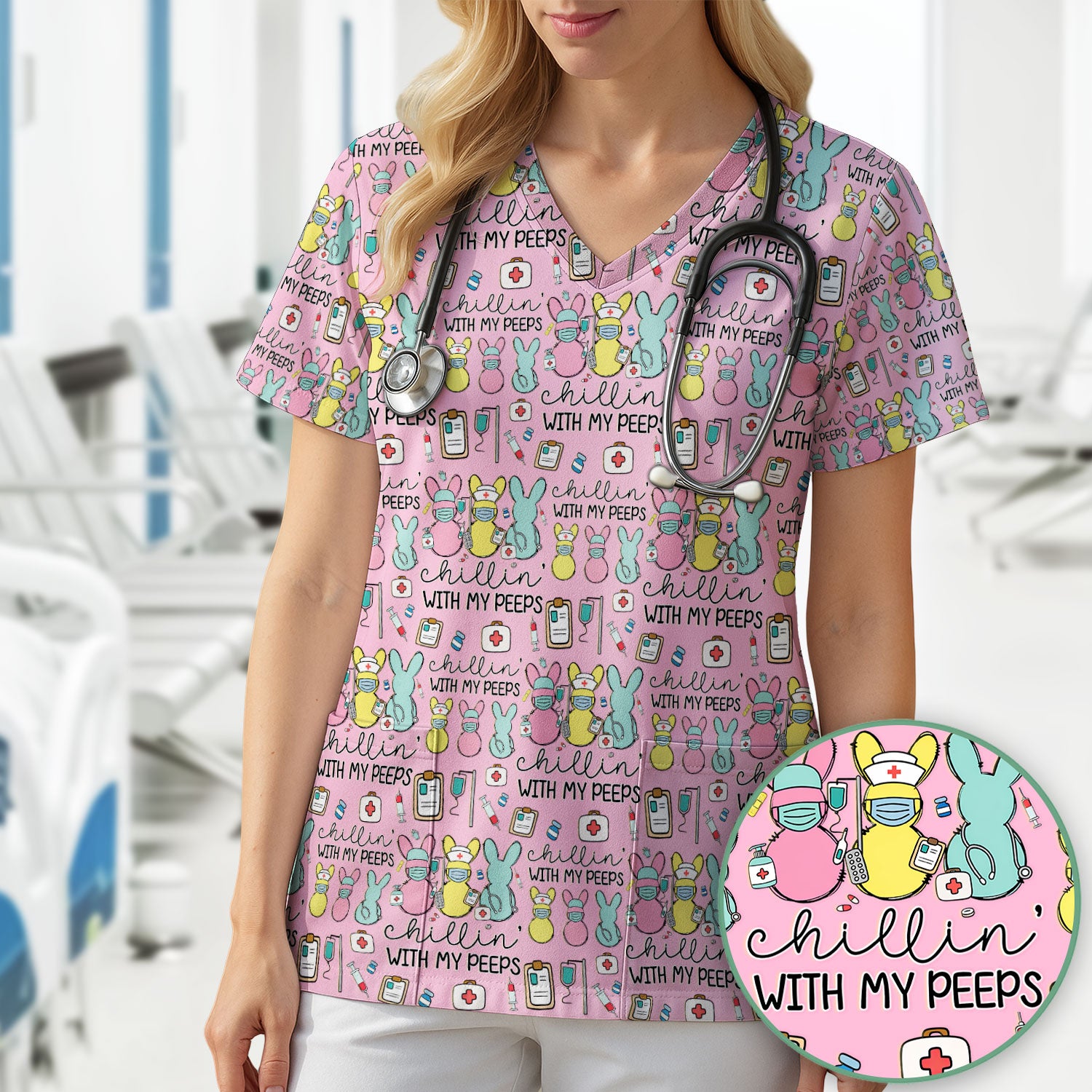 Cute Bunny Nurse Chillin With My Peeps Scrub Top, Comfortable Scrubs for Nurses, Easter