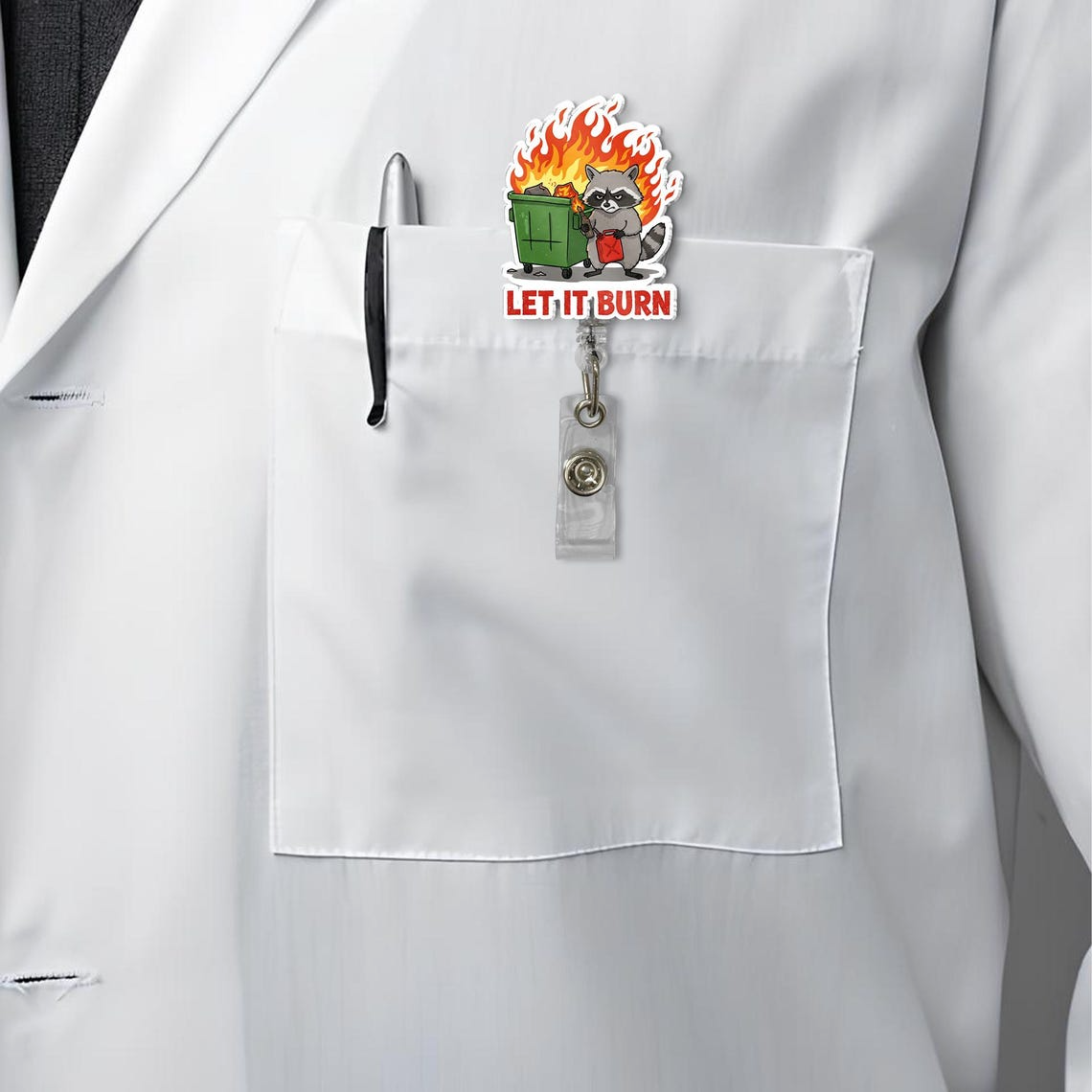 Funny Raccoon Badge Reel, Let It Burn Dumpster Fire ID Holder, Gift for RN LPN CNA ER