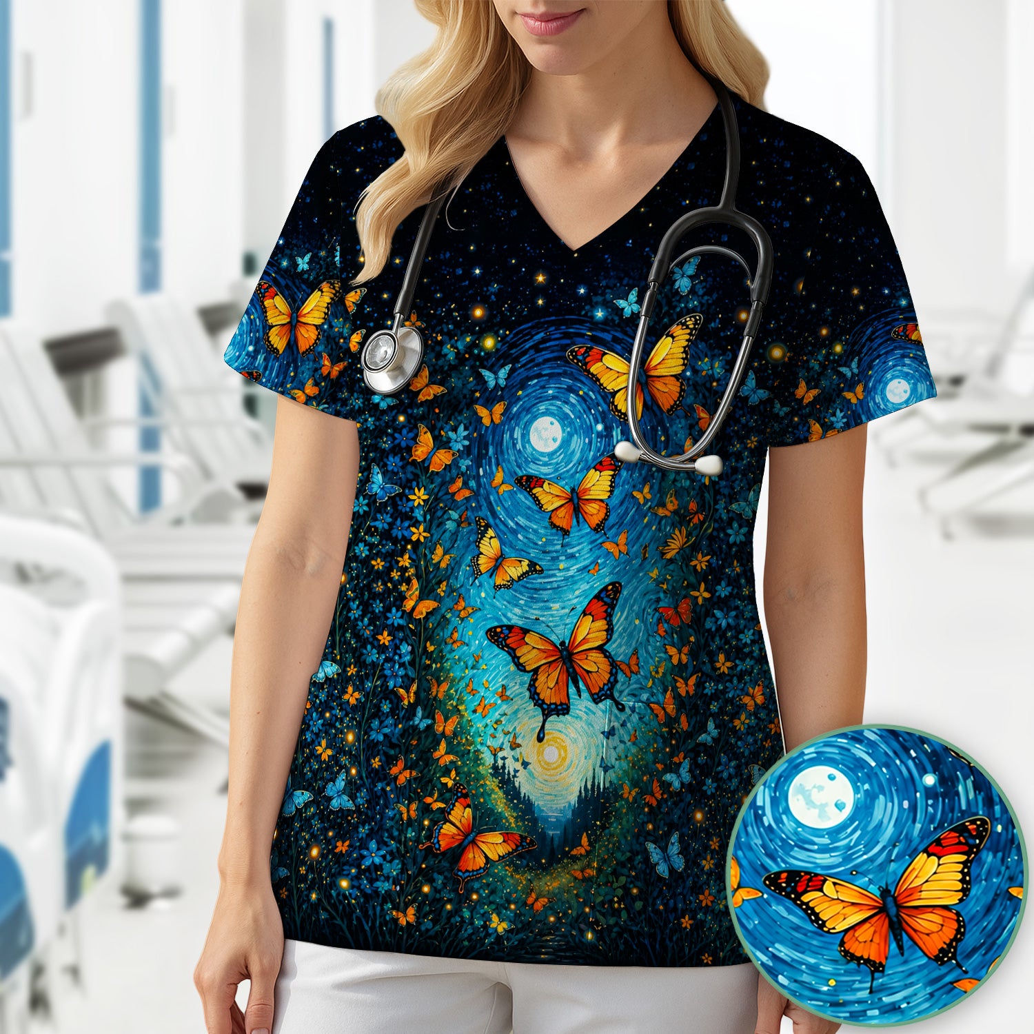 Moonlit Butterfly Nurse Scrub Top for RN, CNA, Pediatric Nurses, Floral Uniform