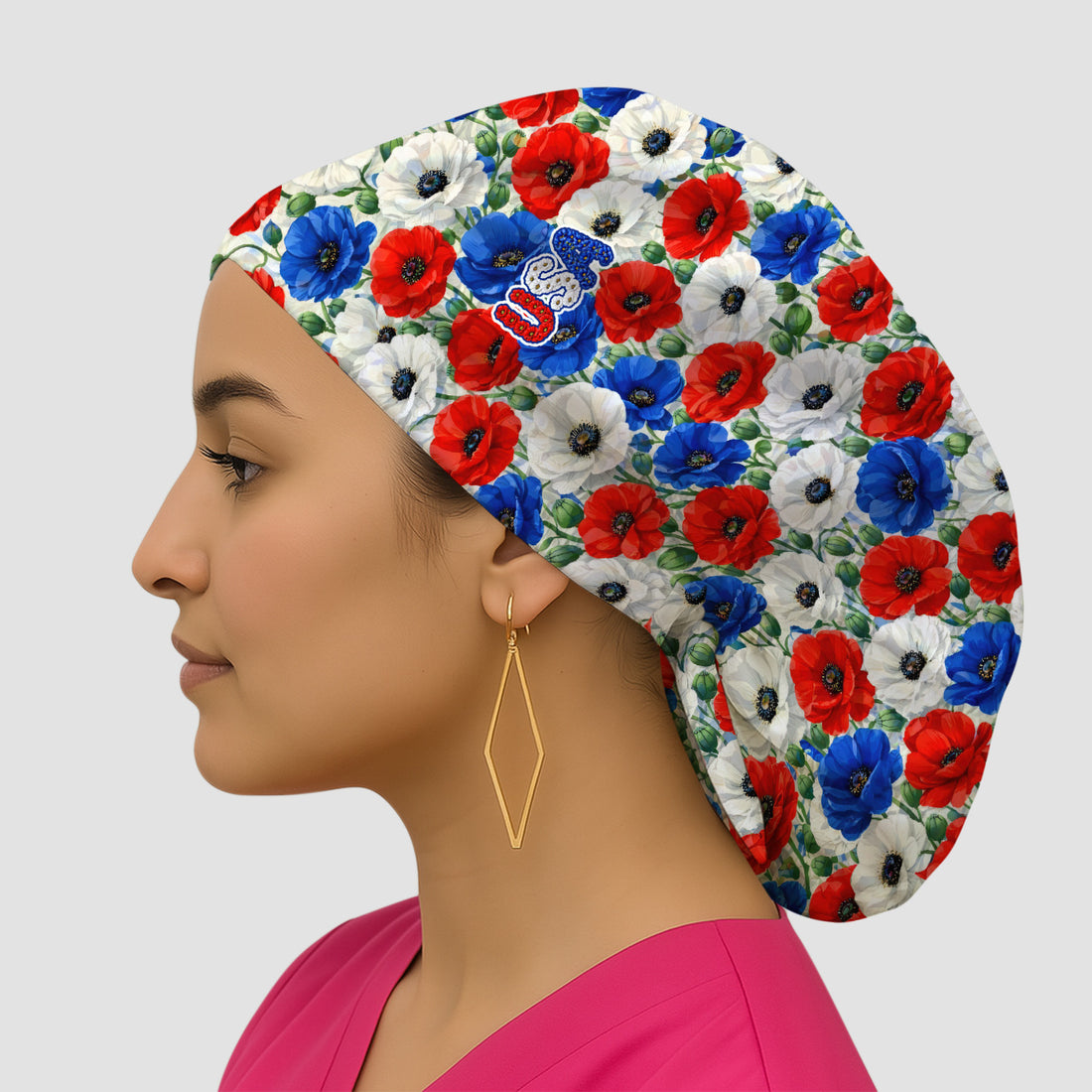 Festive Patriotic Red Blue Poppy Floral Pattern Nurse Scrub Cap, Surgical Caps for Doctors
