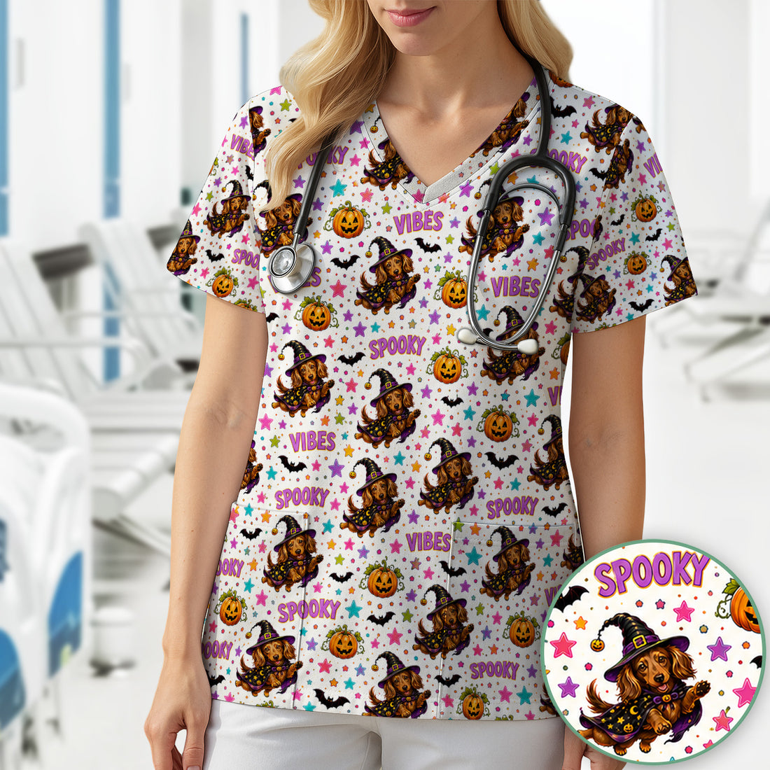 Spooky Dachshund Vibes Print Scrub Top, Comfortable Scrubs for Nurses