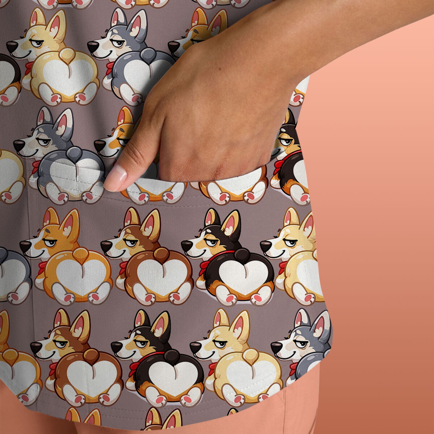 Funny Corgi Cartoon Pattern Scrub Top, Comfortable Scrubs for Nurses