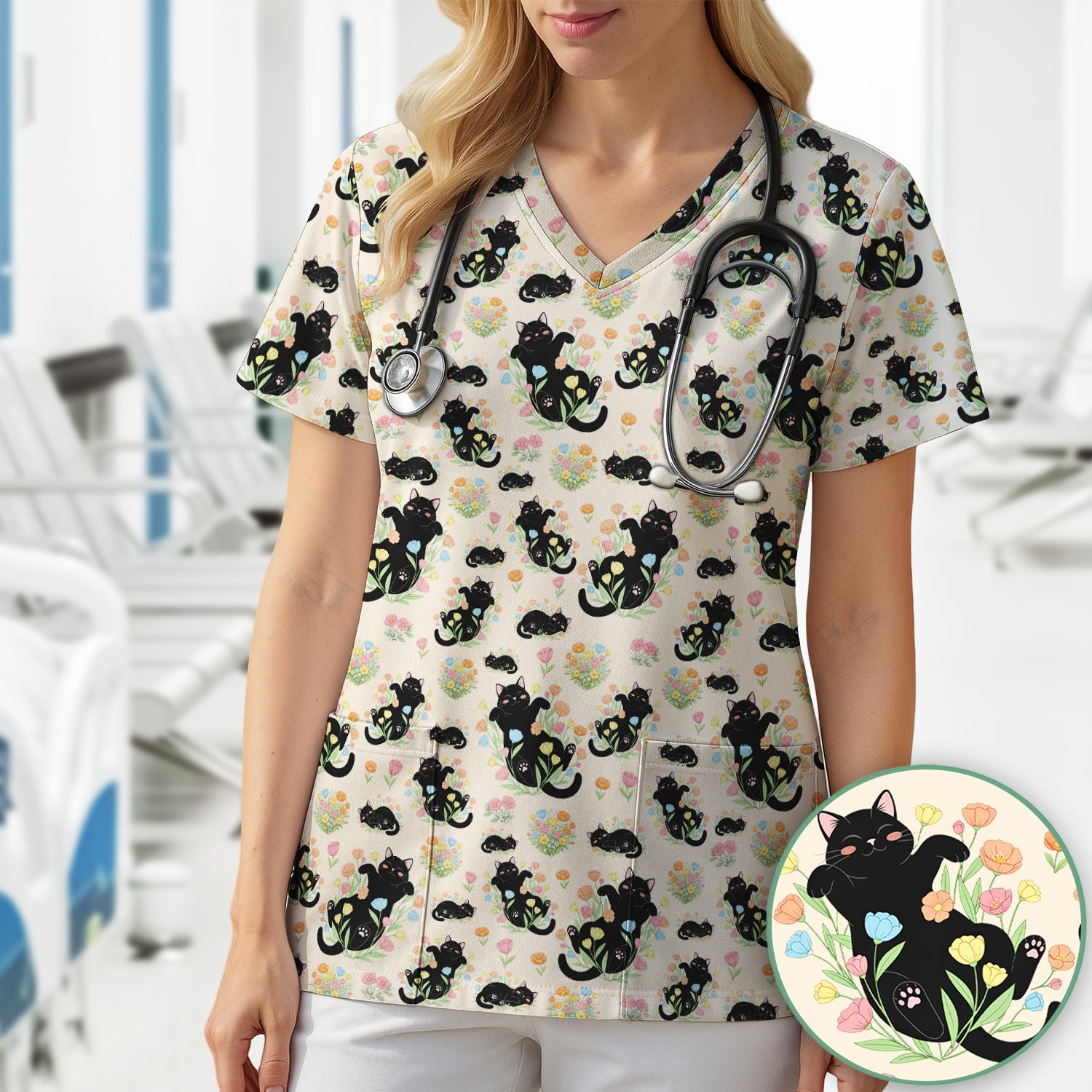 Cats With Cute Poses Floral Pattern Scrubs Top, Comfortable Scrubs for Nurses