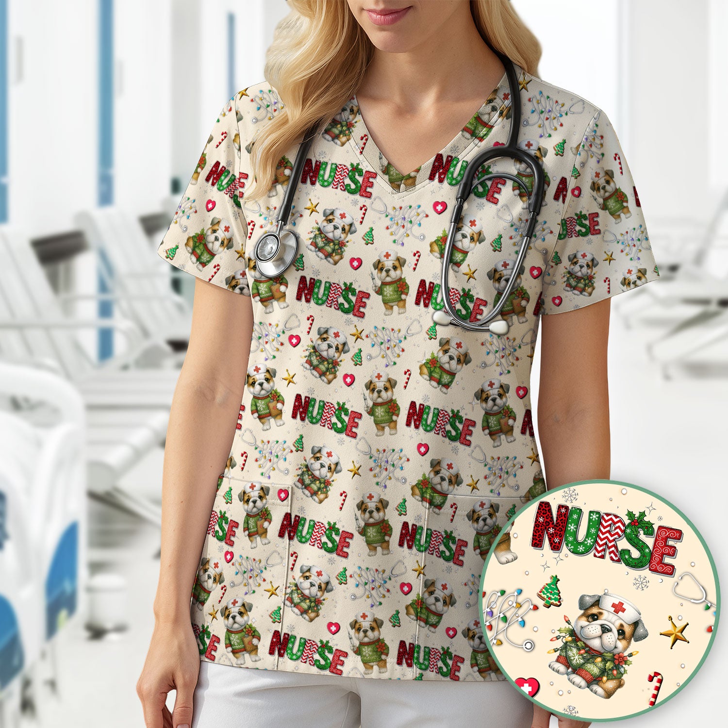Bulldog Christmas Nurse Scrub Top - Funny Dog Scrub Shirt - Cute Holiday Medical Uniform for Women RN LPN CNA Gift
