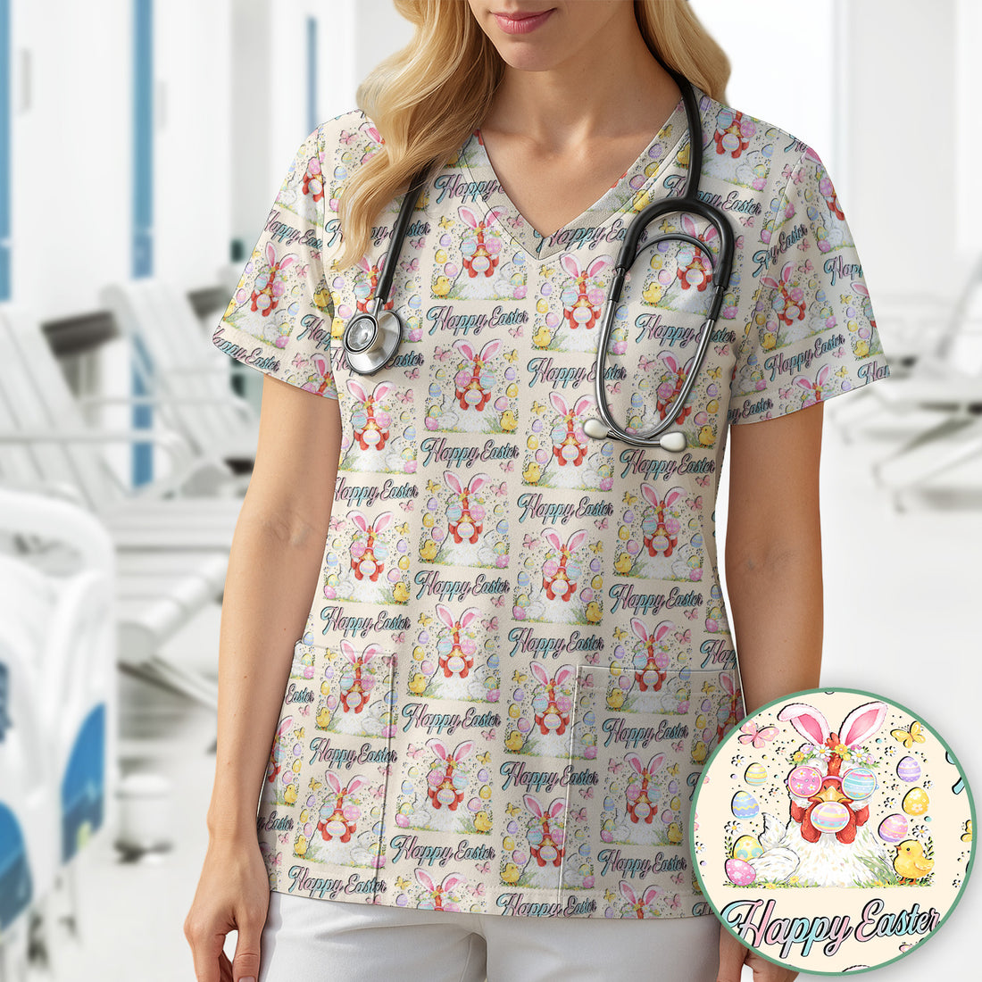 Happy Easter Bunny Eggs Pattern Scrub Top, Comfortable Scrubs for Nurses