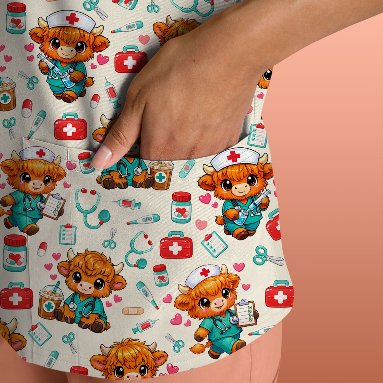 Cute Highland Cow Nurse Scrub Top, Kawaii Medical Pattern Shirt, Breathable Fabrics Nursing Uniform