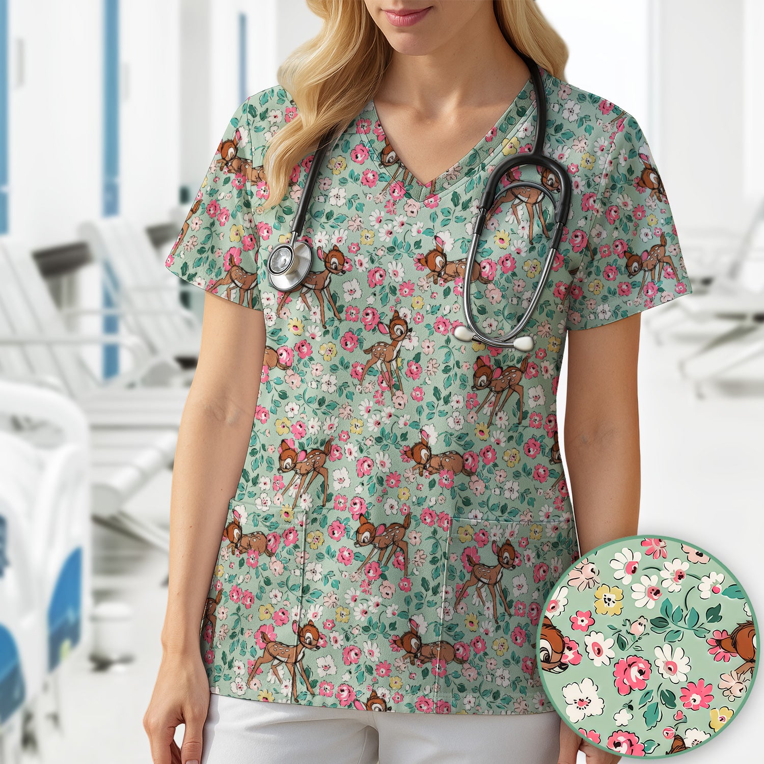 Cute Baby Deer Floral Pattern Scrub Top, Breathable Fabrics Nursing Uniform