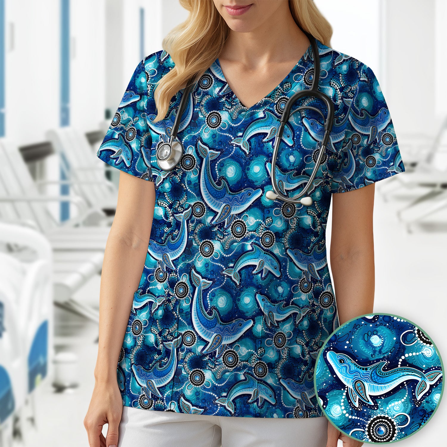 Ocean Dolphin Aboriginal Dot Print Scrub Top, Comfortable Scrubs for Nurses
