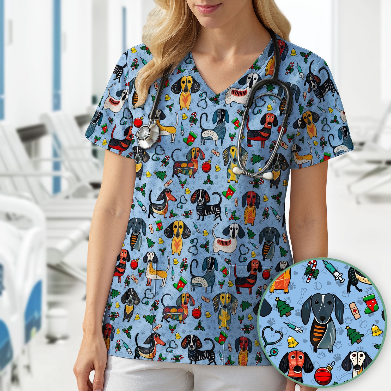 Christmas Wiener Dog Scrub Top - Funny Sausage Dog Nurse Shirt for Women - Holiday Medical Uniform