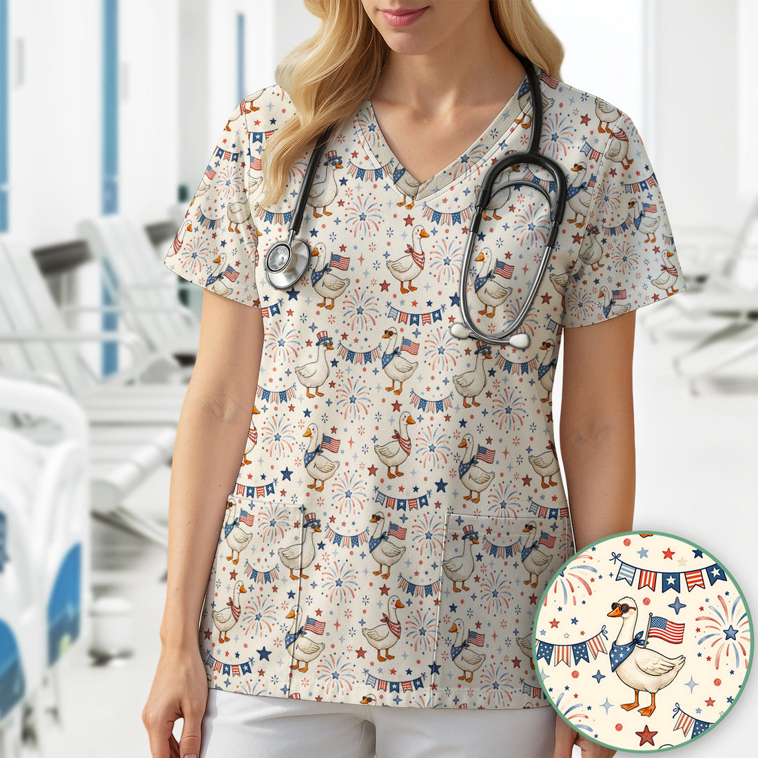 Patriotic Goose Fourth Of July Pattern Scrub Top, Comfortable Scrubs for Nurses