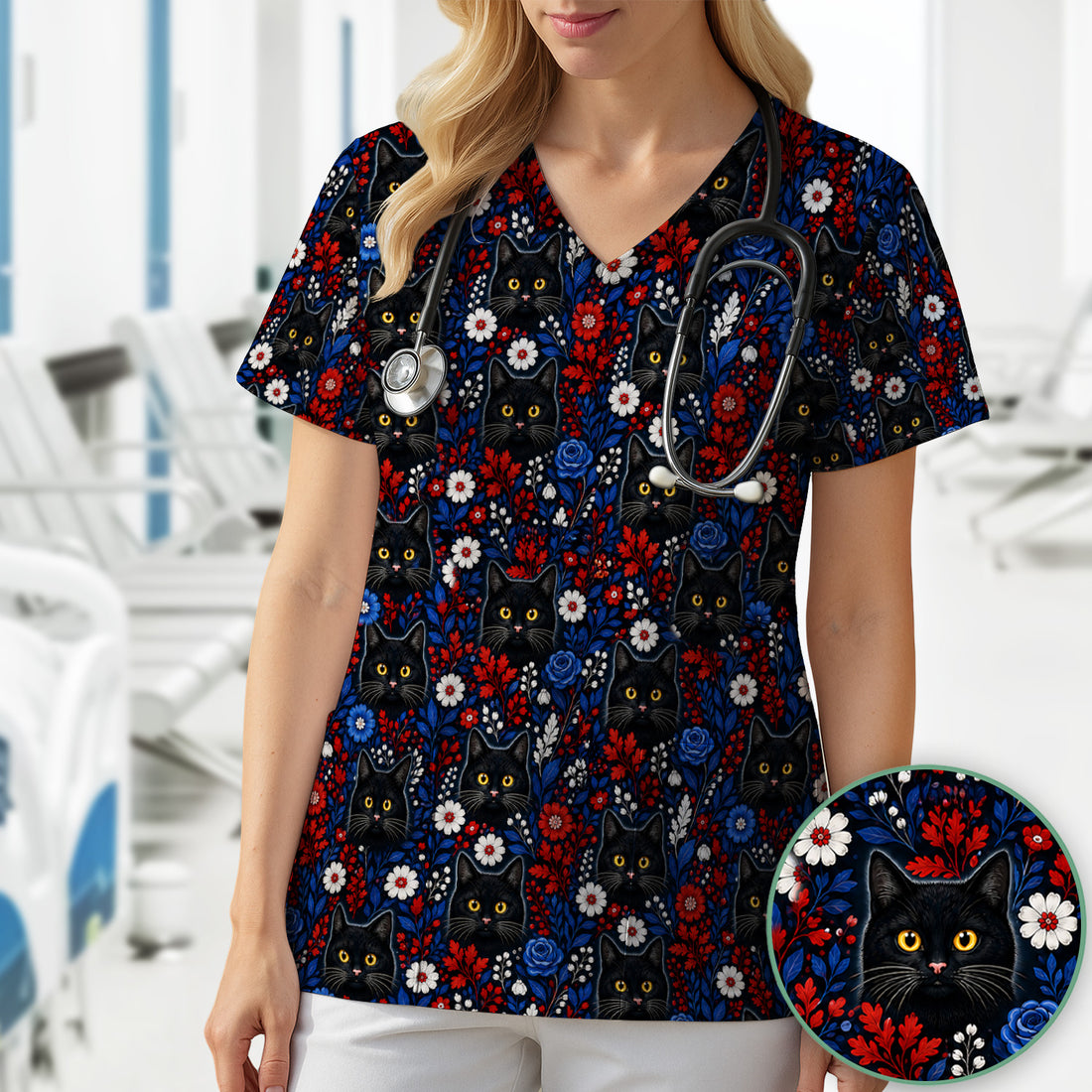 Black Cat Floral Nurse Scrub Top for RN, CNA, Veterinary Staff, Cat Lover Uniform