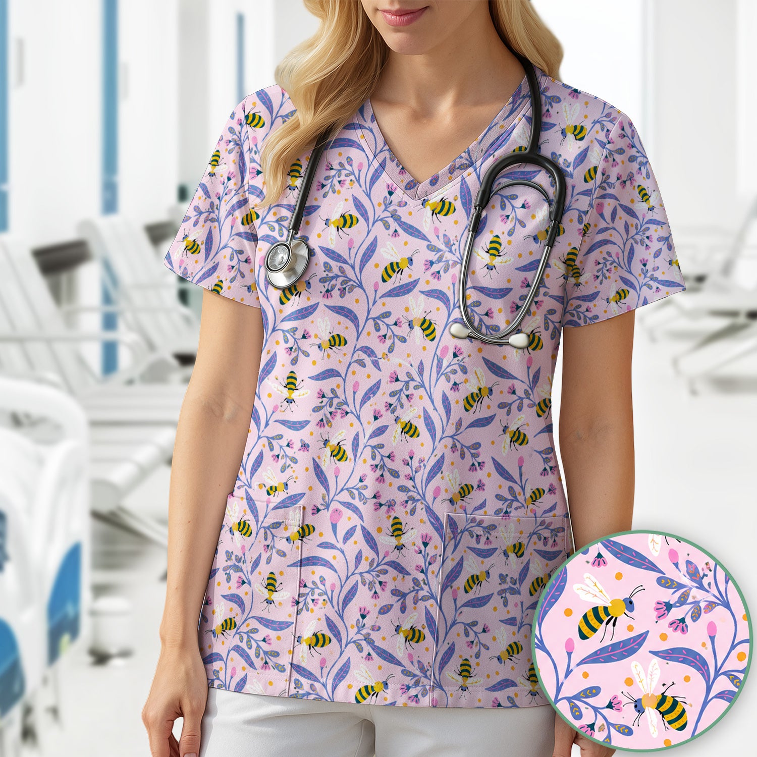 Cute Bumble Bee Floral Pattern Scrub Top, Comfortable Scrubs for Nurses