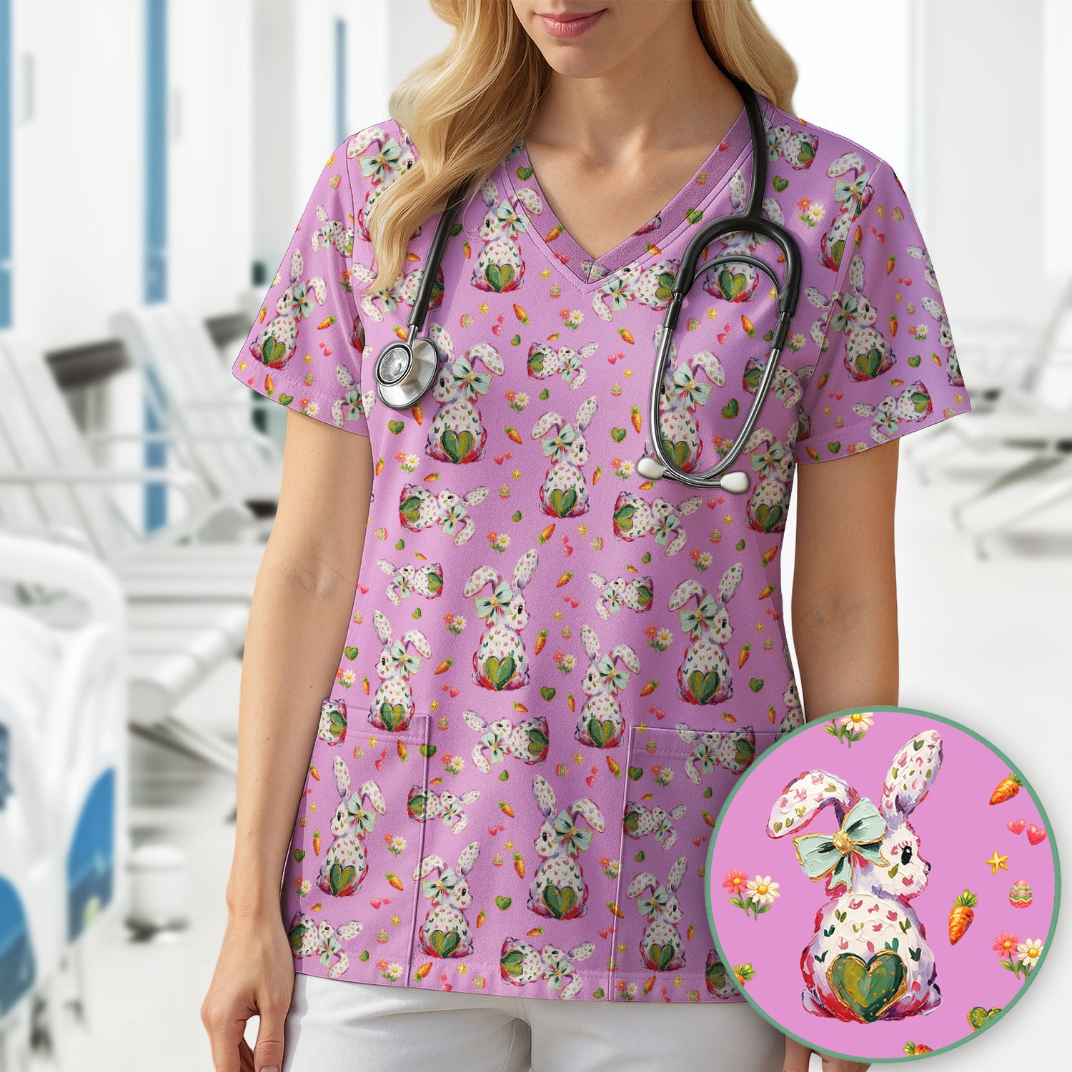 Cute Pastel Bunny Easter Pattern Scrub Top, Comfortable Scrubs for Nurses