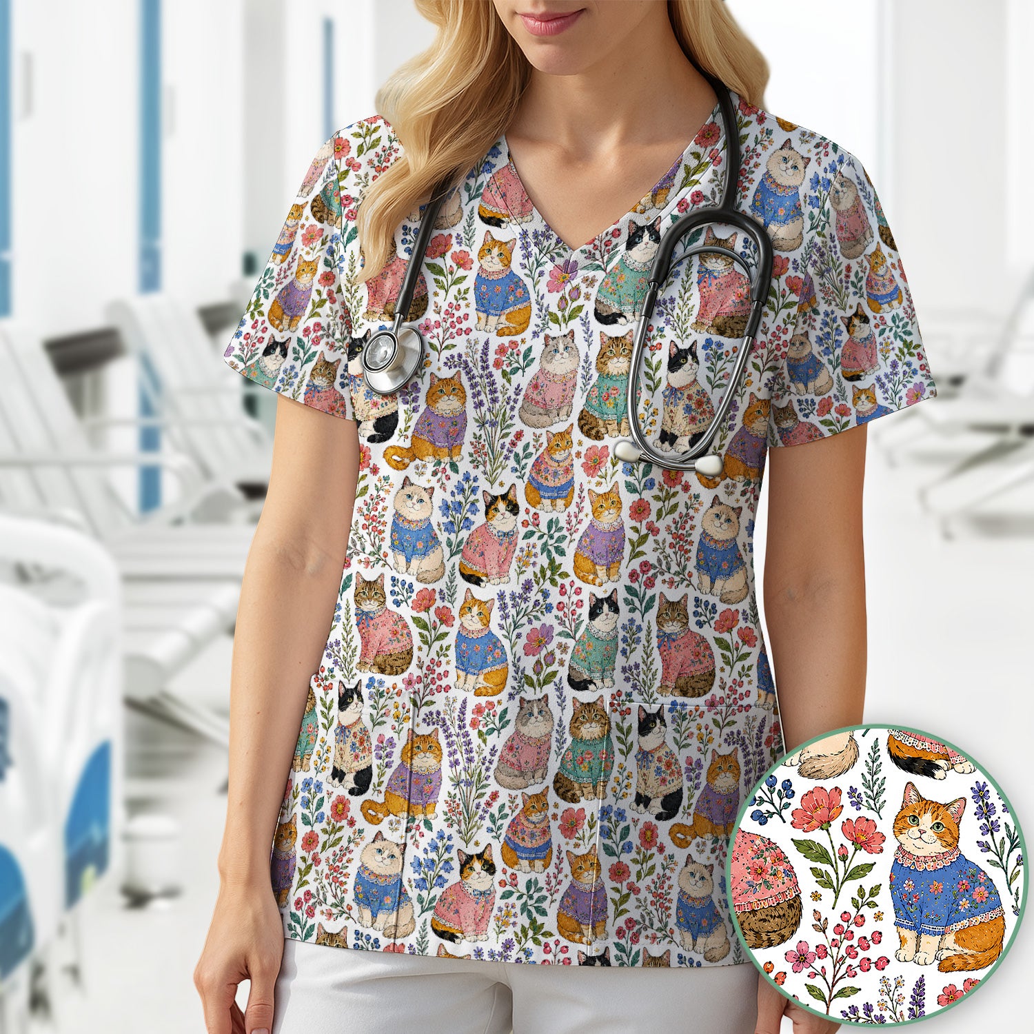 Cute Floral Cat Pattern Scrub Top, Comfortable Scrubs for Nurses