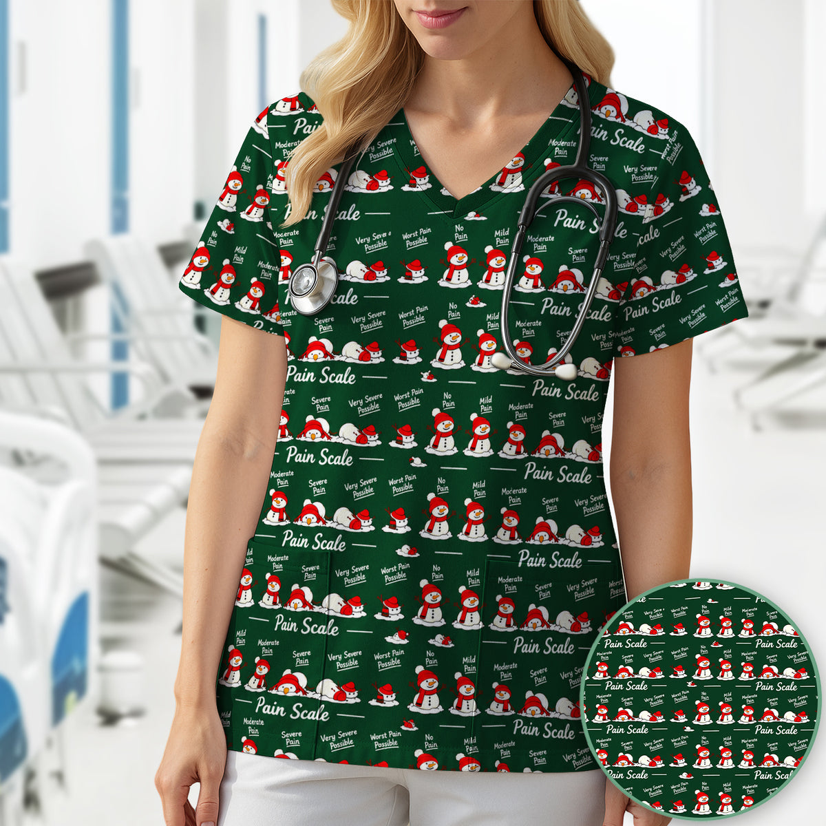 Funny Christmas Snowman Pain Scale Scrub Top, Comfortable Scrubs for Nurses