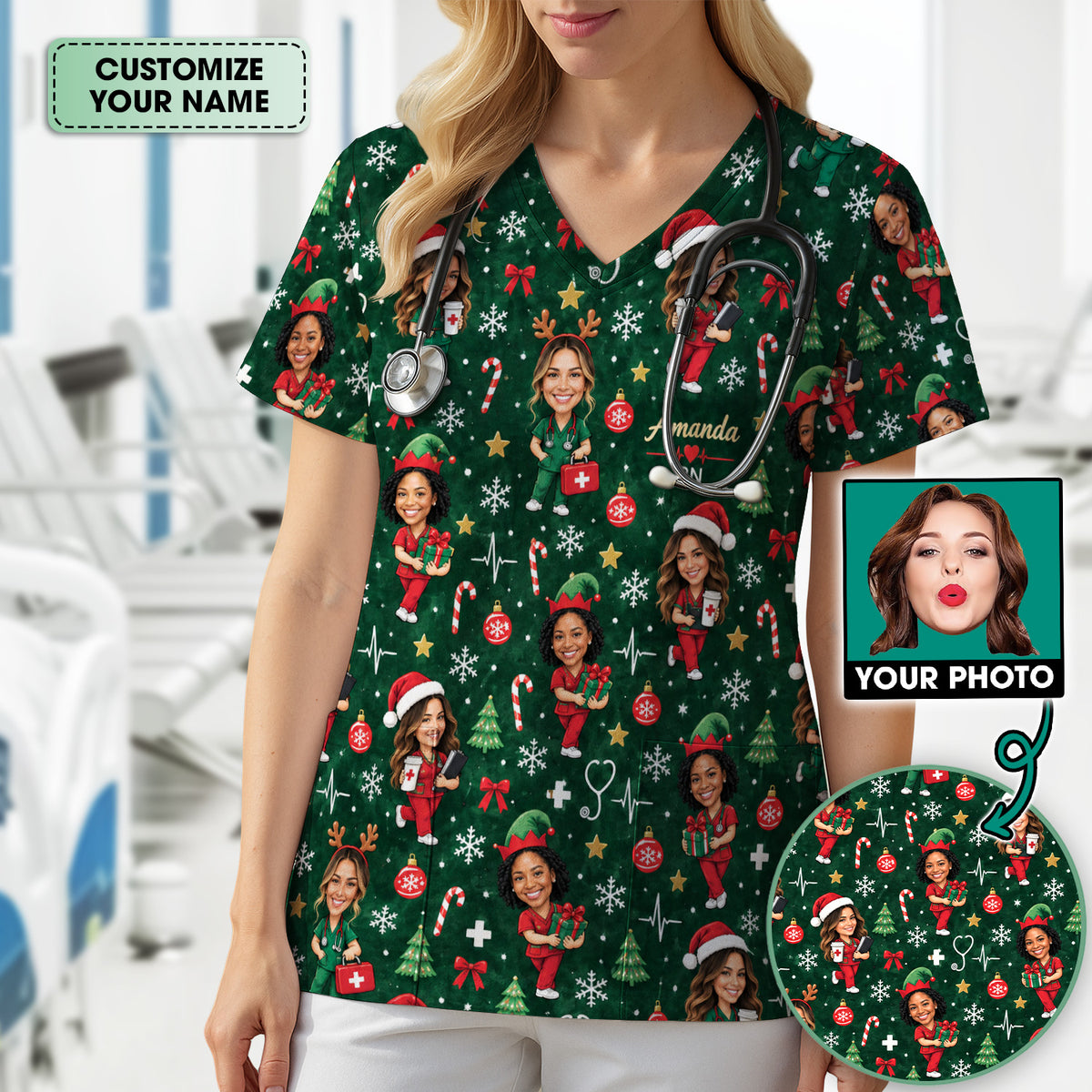 Personalized Christmas Nurse Photo And Name Scrub Top, Comfortable Scrubs for Nurses