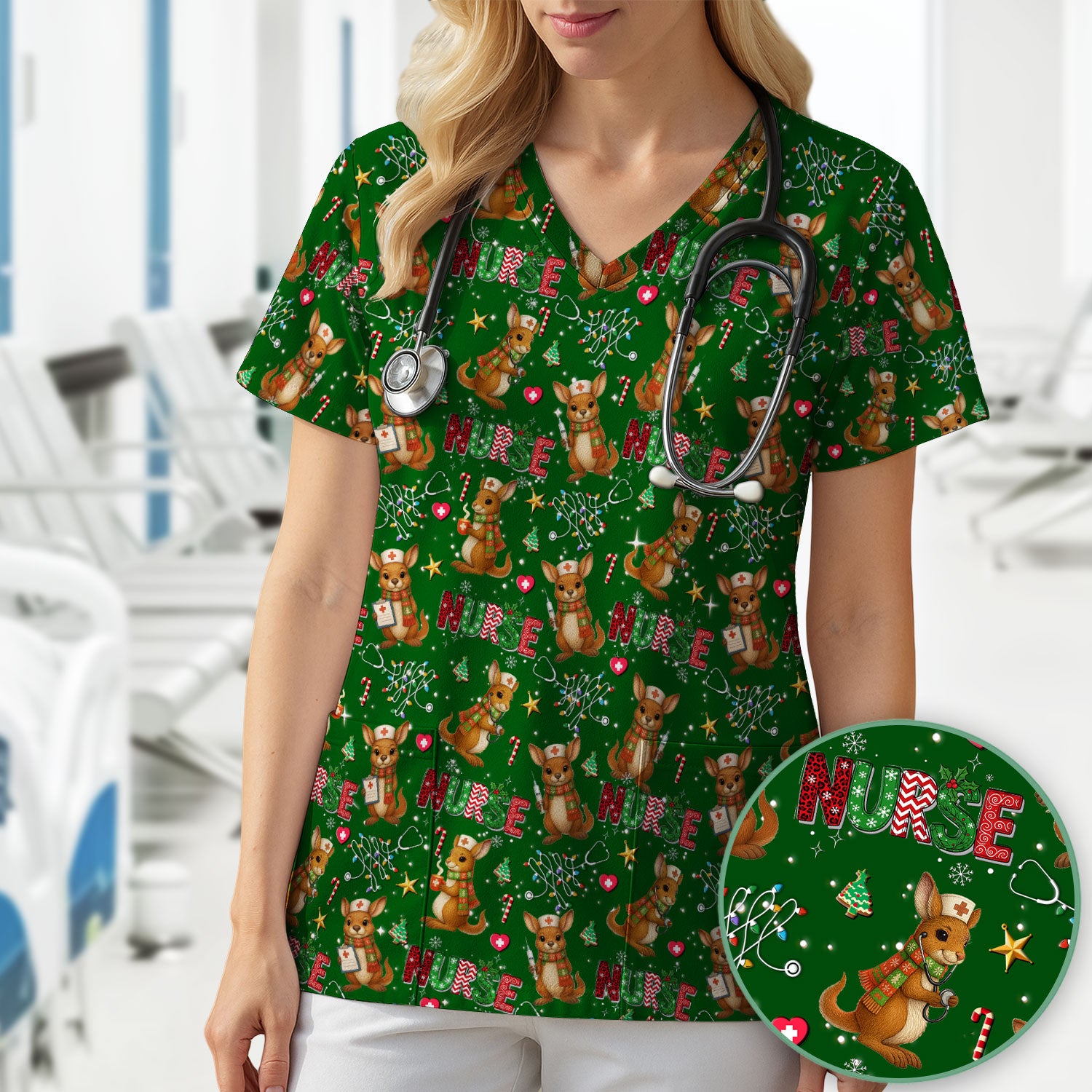 Christmas Kangaroo Nurse Scrub Top - Cute Aussie Holiday Medical Uniform - Funny Xmas Scrubs for Women
