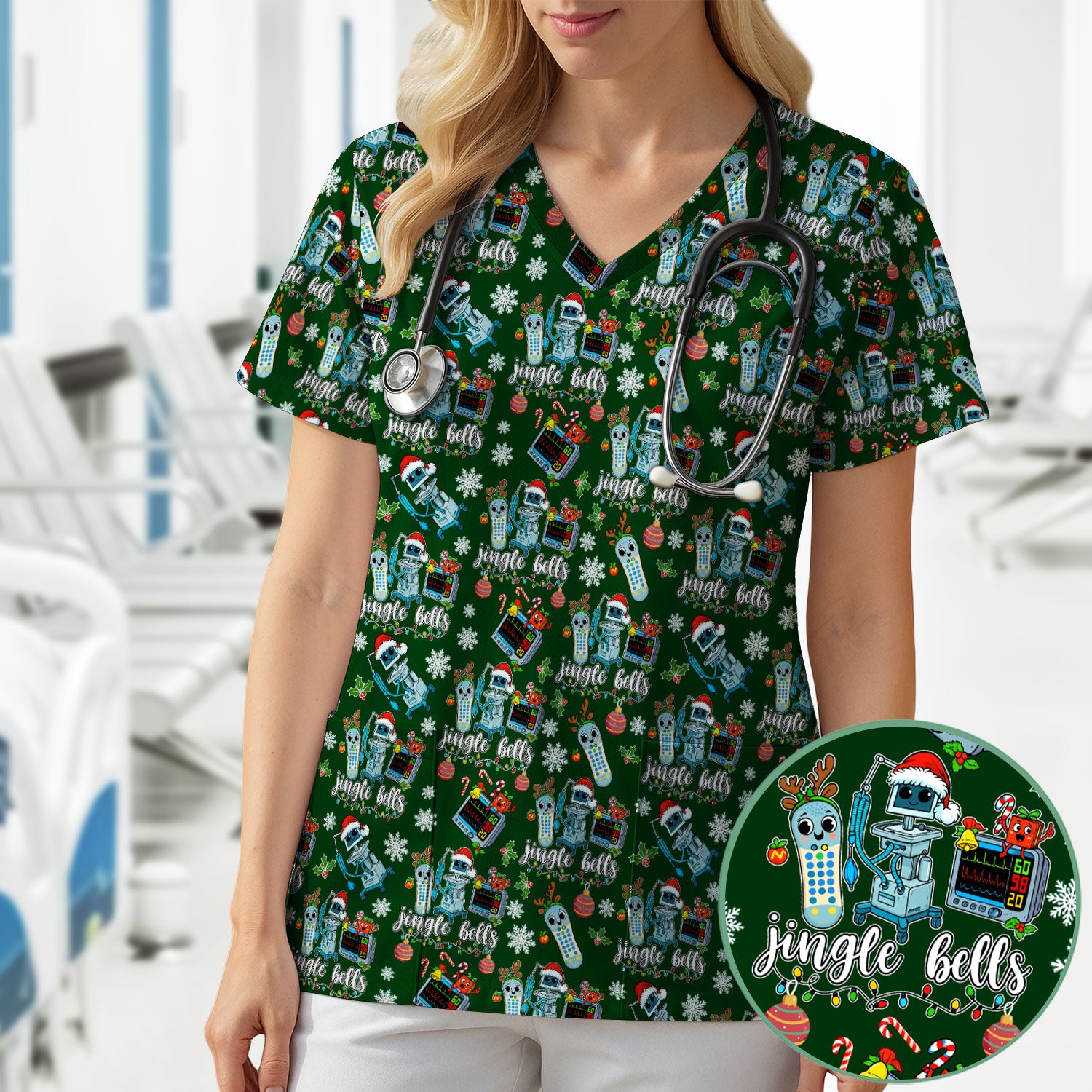 Funny Jingle Bells Holiday Scrub Top - Funny Christmas Scrubs for Nurses - Breathable Fabrics Nursing Uniform