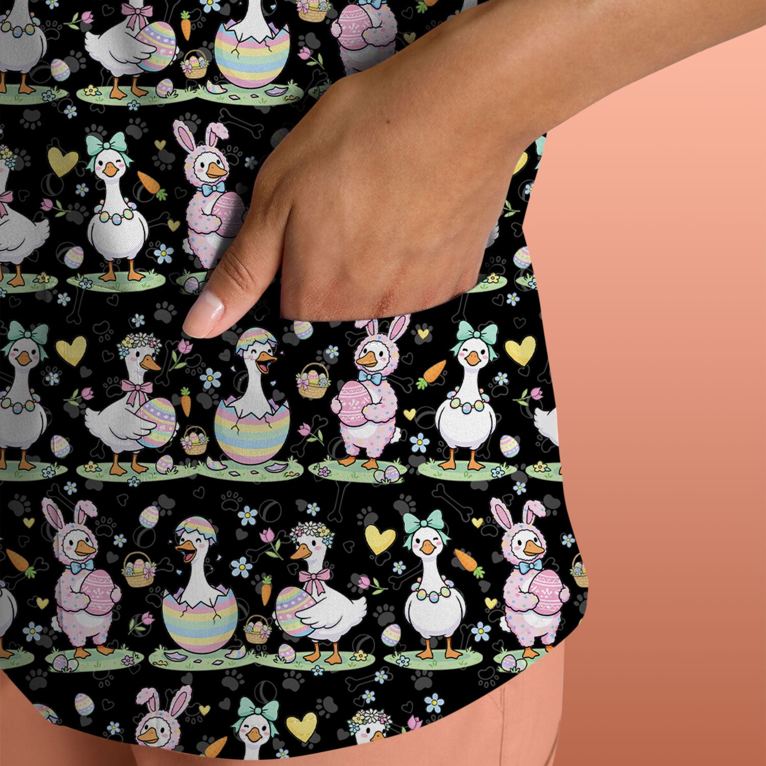 Pastel Easter Goose Bunny Egg Pattern Scrub Top, Comfortable Scrubs for Nurses