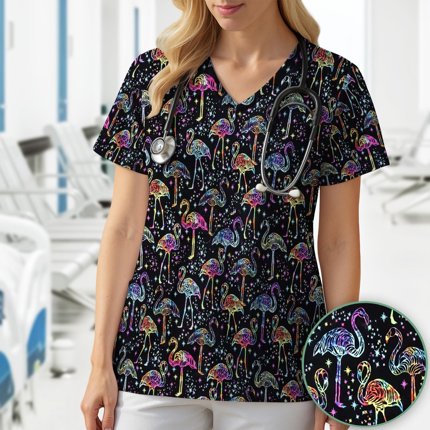 Neon Flamingo Starry Night Pattern Scrub Top, Comfortable Scrubs for Nurses