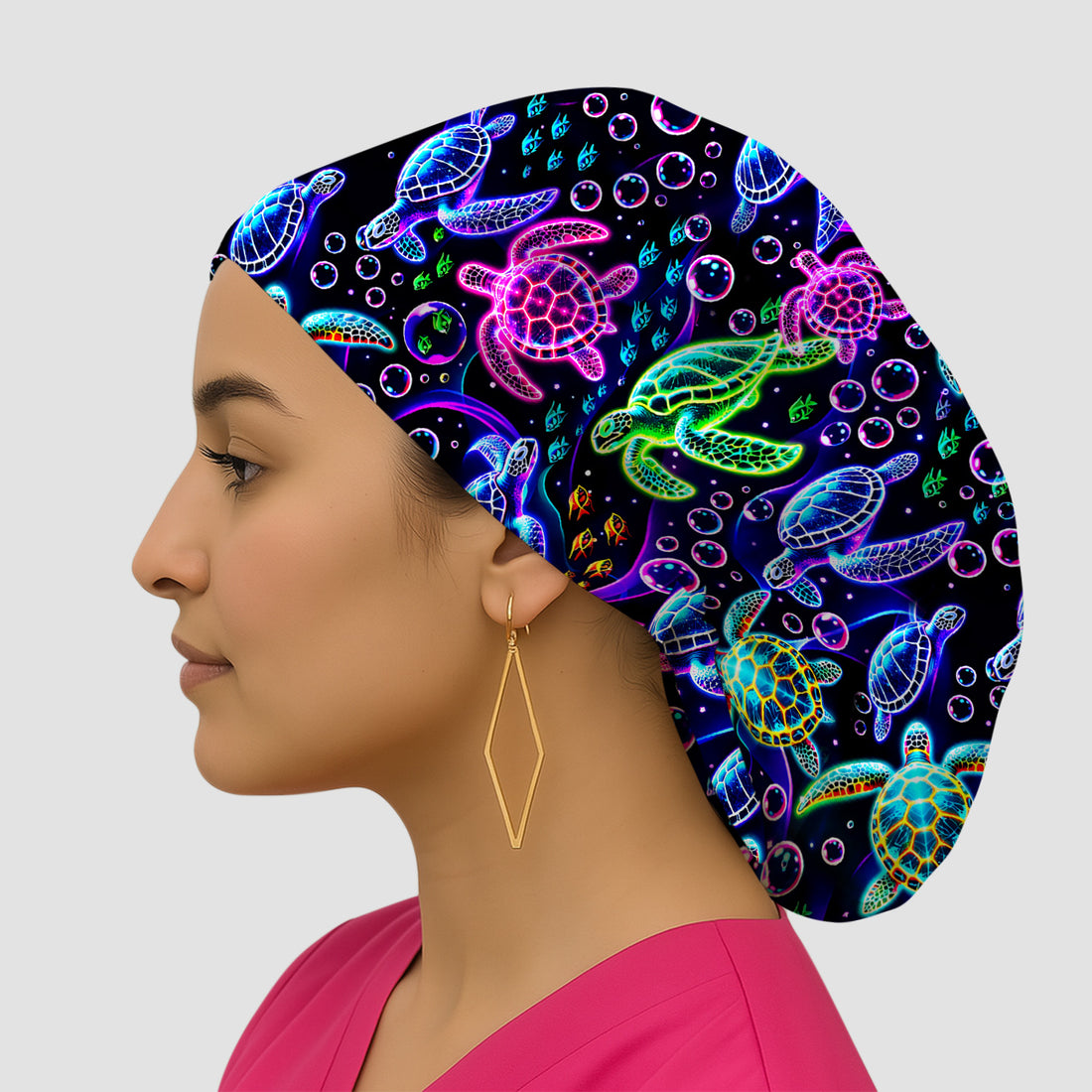 Neon Sea Turtle Swimming Bubble Ocean Scrub Cap, Surgical Caps for Doctors