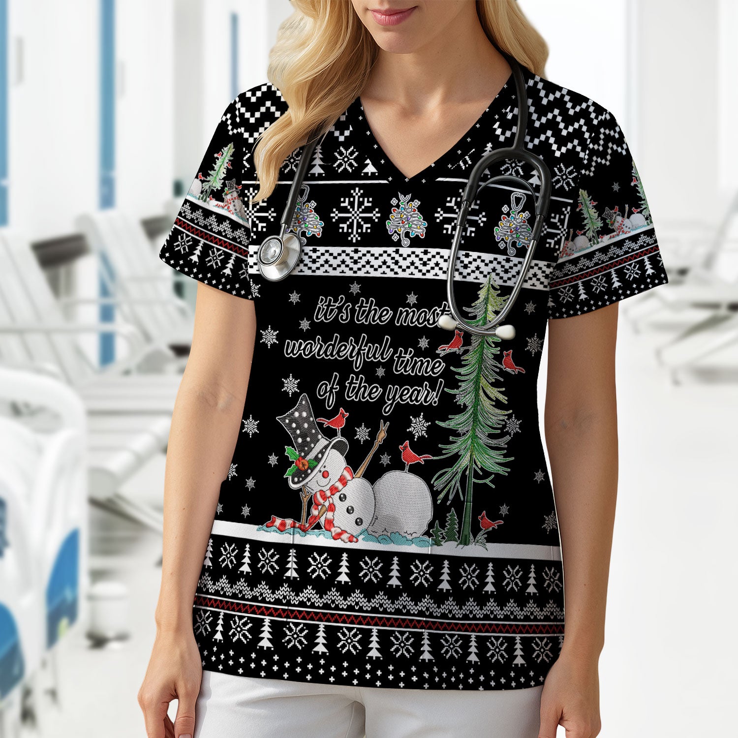 Snowman Christmas Scrub Top, Funny Holiday Nurse Shirt, It's The Most Wonderful Time Of The Year Uniform FOr Nursing