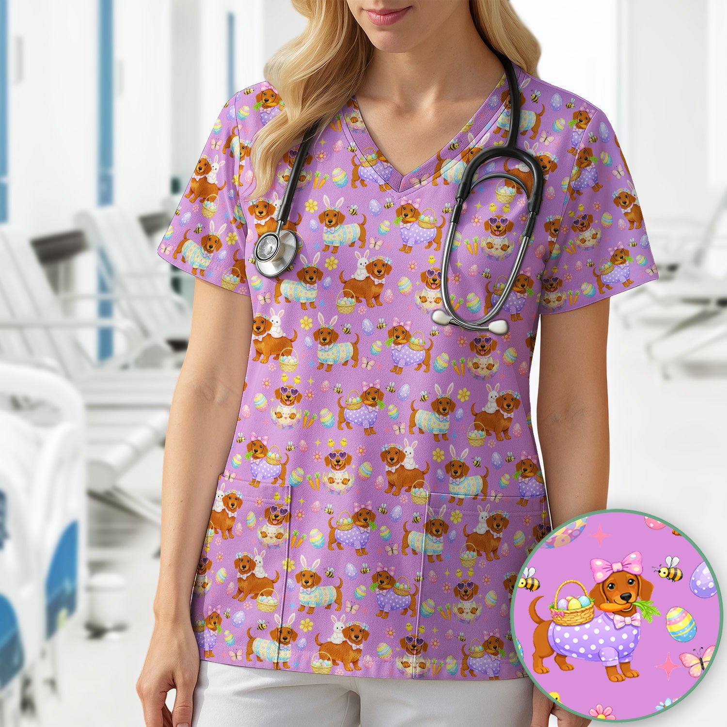 Cute Easter Dachshund Dog Pattern Scrub Top, Breathable Healthcare Uniform Top