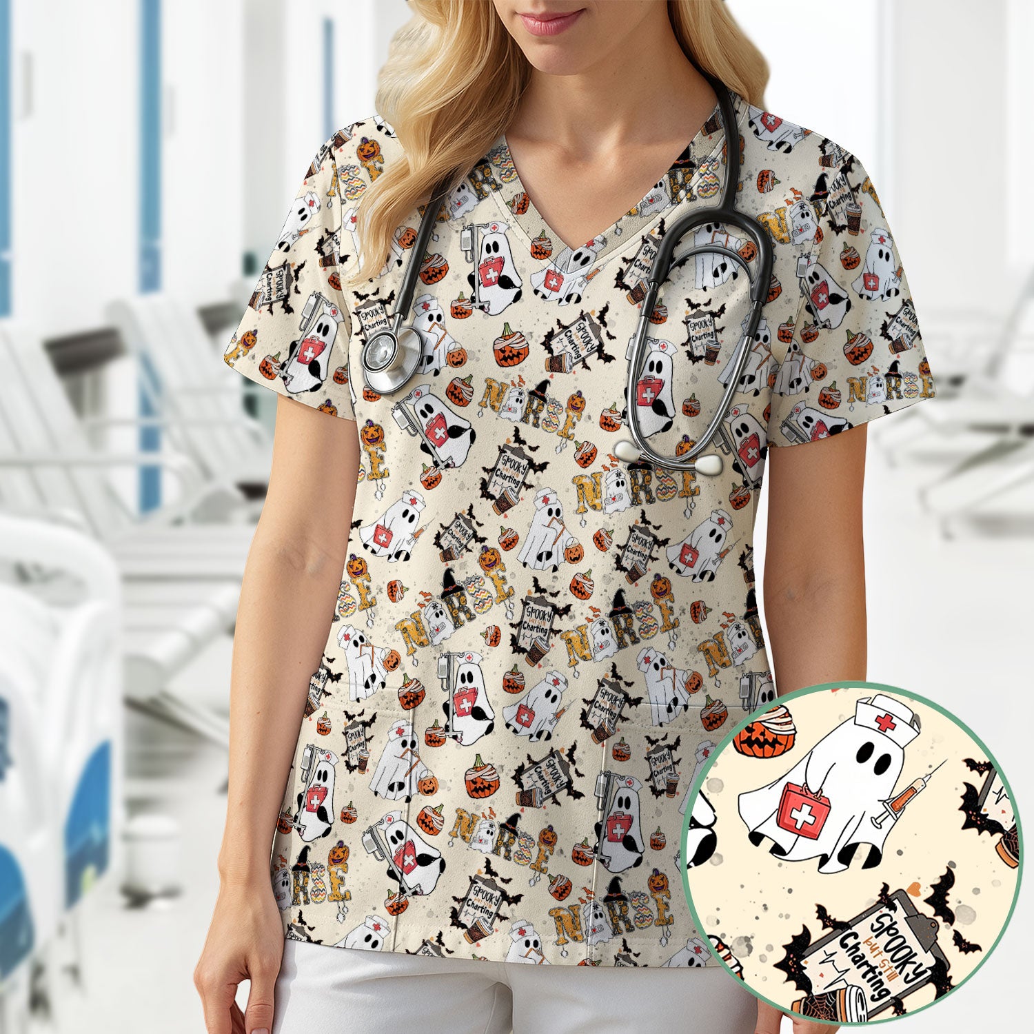 Halloween Scrub Top - Spooky But Still Charting - Funny Scrubs for Nurses - Horror Pumpkin Nursing Uniform