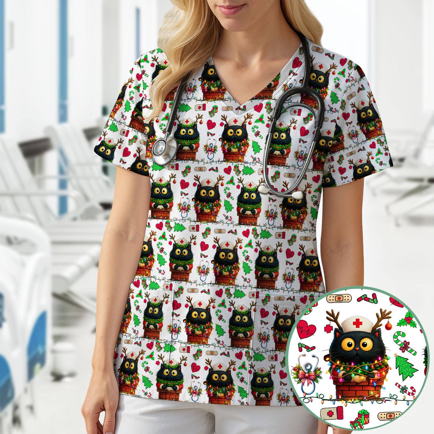 Christmas Black Cat Scrub Top for Nurse - Cute Reindeer Cat with Xmas Lights - Festive Holiday Medical Uniform for Women