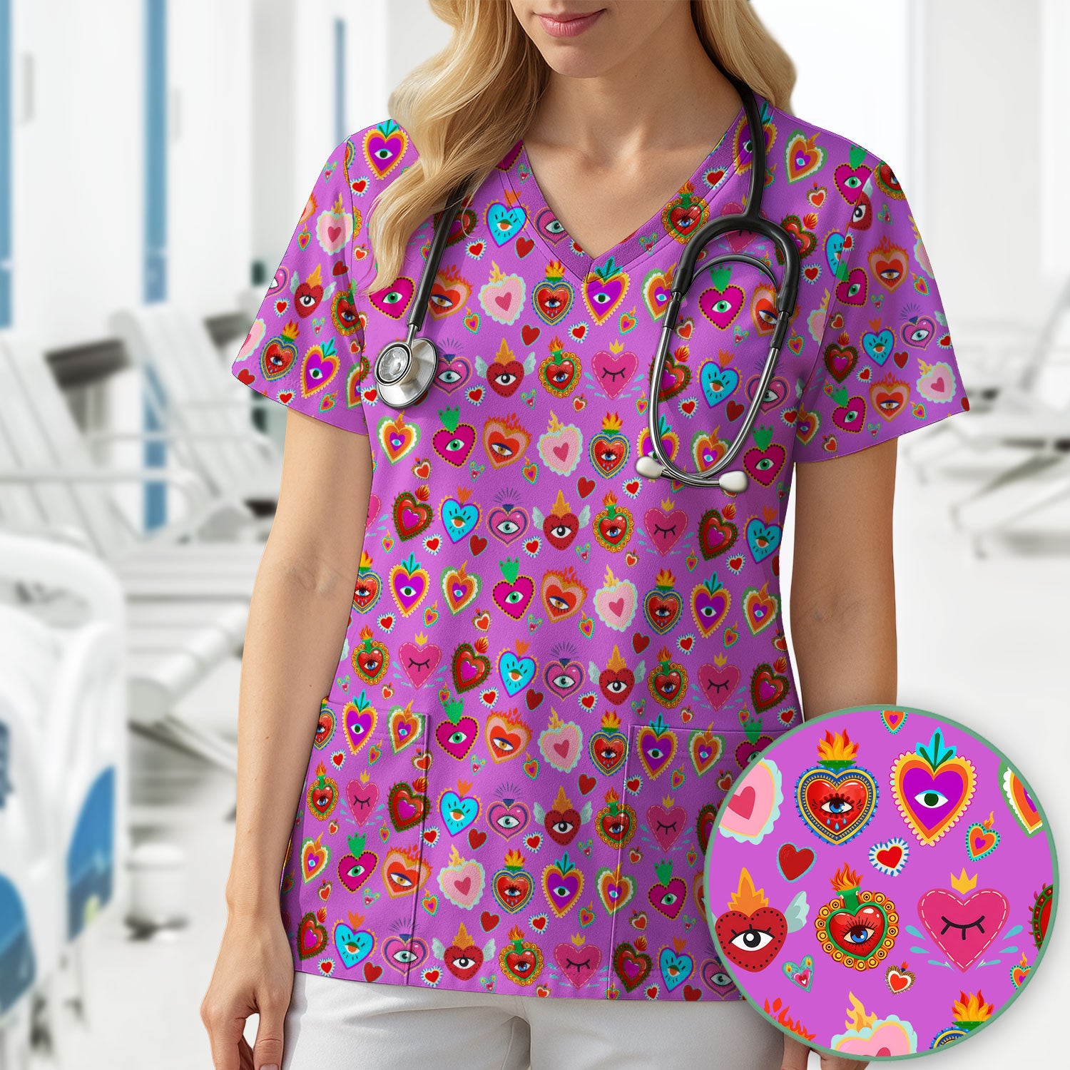 Valentine Colorful Sacred Heart Print Medical Scrub Top, Comfortable Scrubs for Nurses
