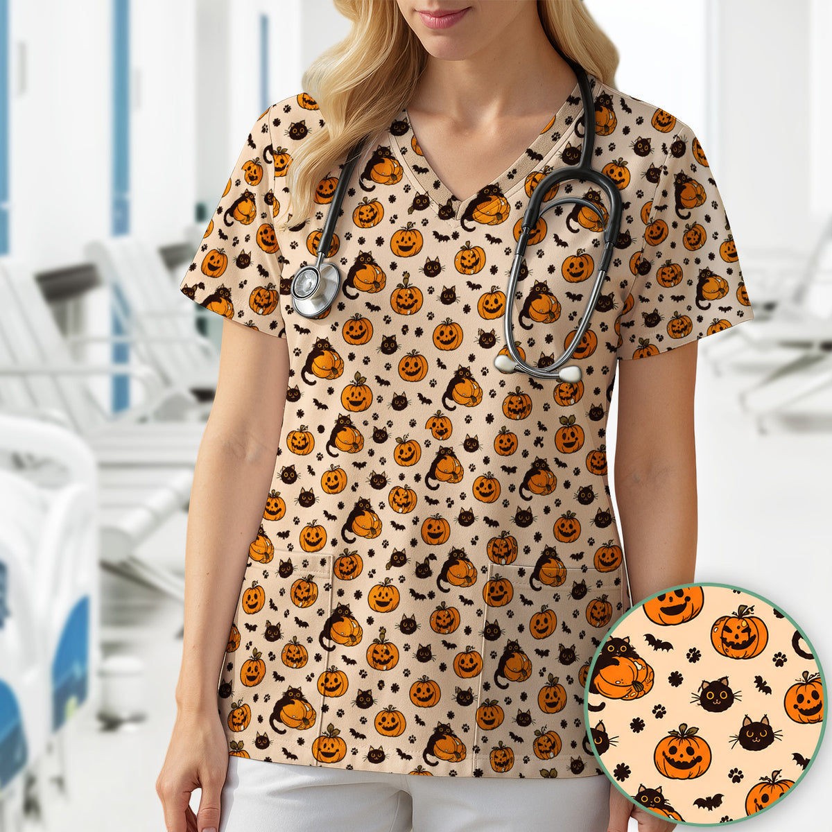 Cute Halloween Black Cat And Pumpkins Scrub Top, Comfortable Scrubs for Nurses