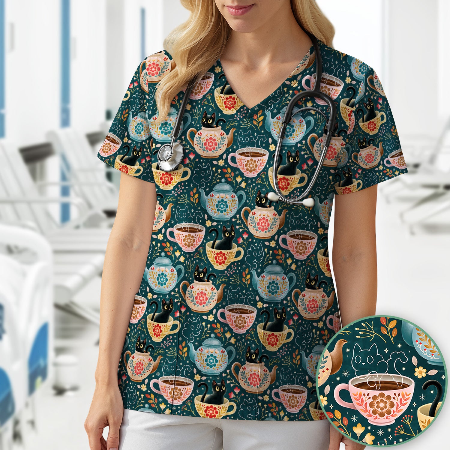 Black Cat Tea Party Veterinary Pattern Scrub Top, Comfortable Scrubs for Nurses