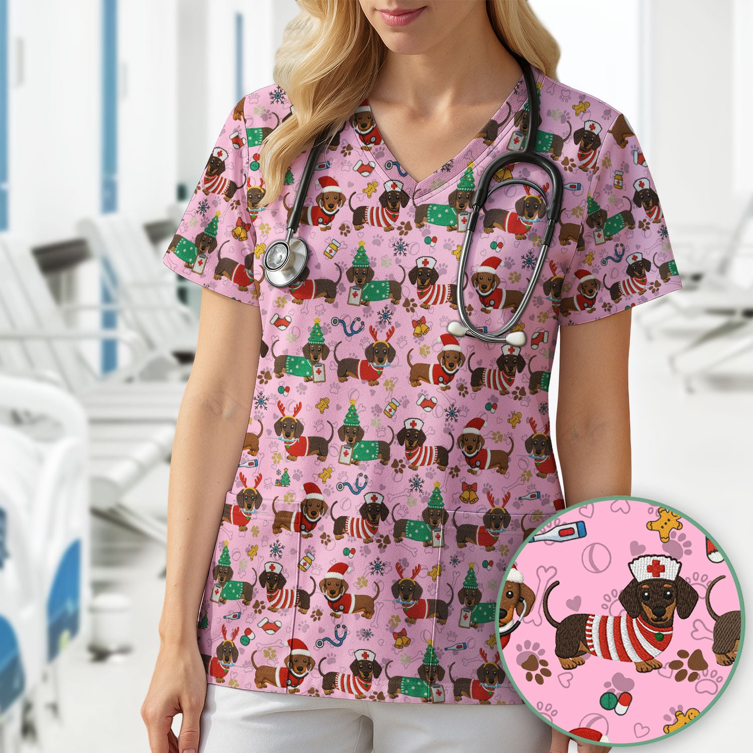 Christmas Dachshund Scrub Top for Nurses - Cute Wiener Dog Pattern Medical Shirt - Festive Holiday Scrubs Gift for Women RN CNA LPN