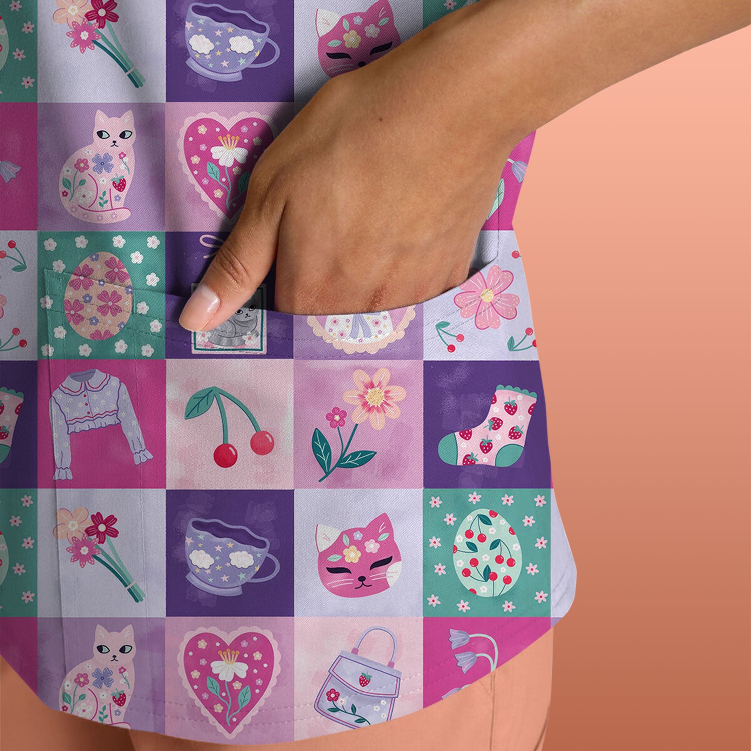 Pastel Cat Patchwork Scrub Top, Kawaii Floral Nursing Uniform