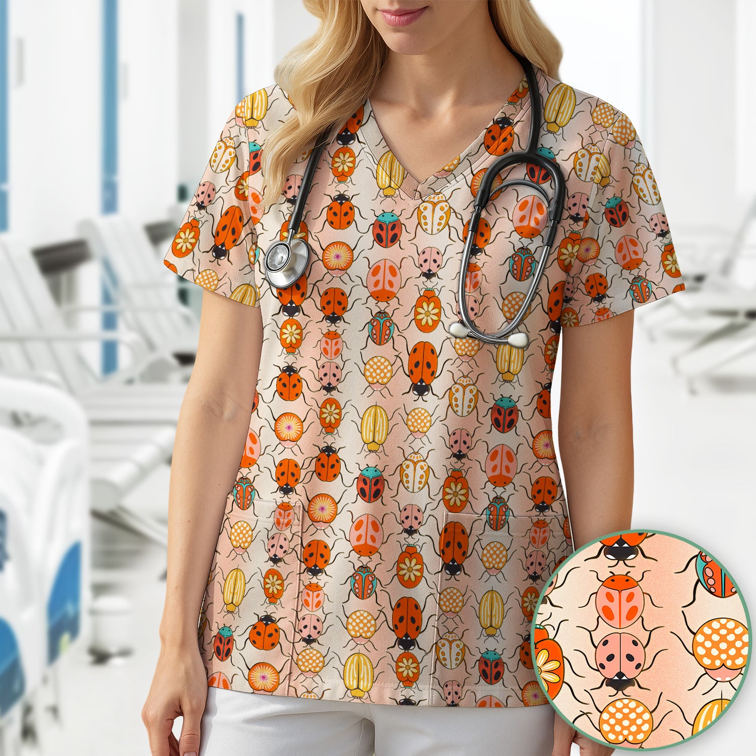 Cute Ladybug Beetle Floral Pattern Scrub Top, Breathable Fabrics Nursing Uniform