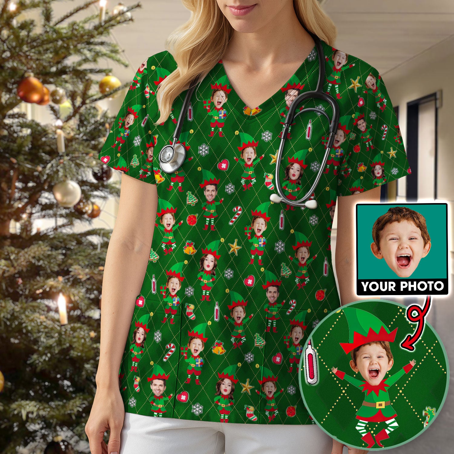 Personalized Face Nurse Shirt, Custom Photo Christmas Scrub Top, Funny Holiday Medical Uniform For Nursing