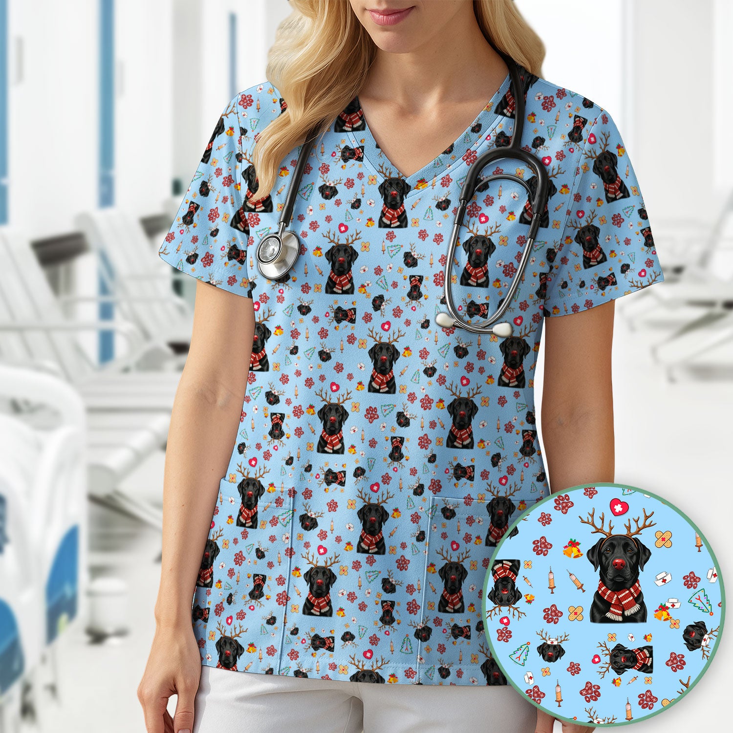 Black Lab Christmas Scrub Top - Funny Labrador Nurse Shirt - Cute Holiday Medical Uniform for Women RN LPN CNA Gift