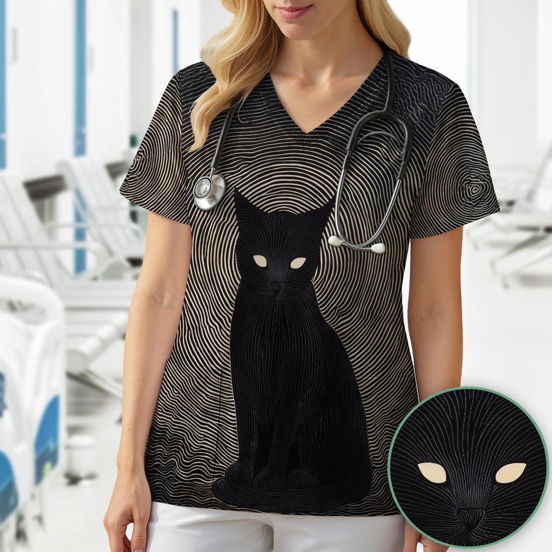 Black Cat Line Art Print Scrub Top, Comfortable Scrubs for Nurses