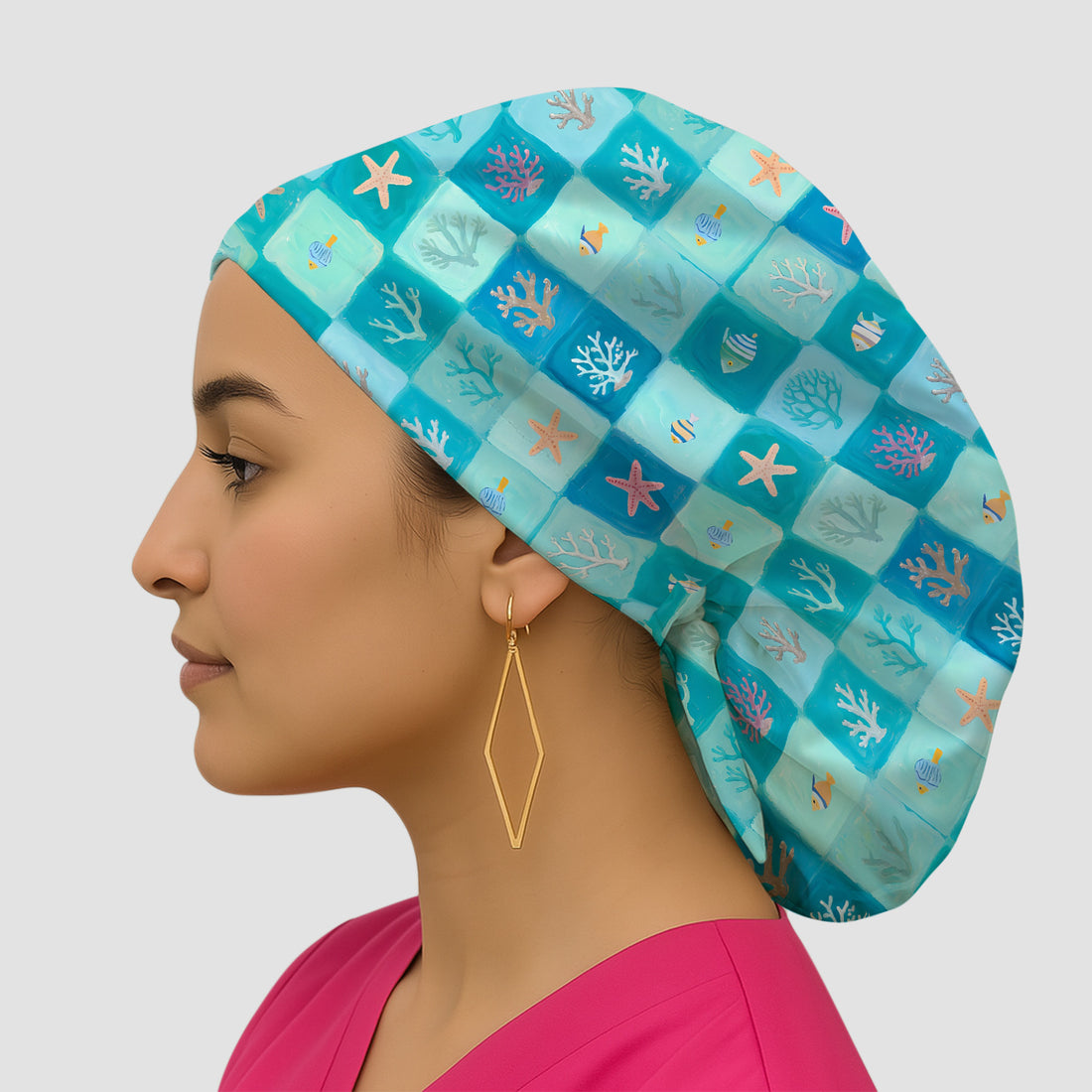 Ocean Coral Fish Starfish Checkered Pattern Nurse Scrub Cap, Surgical Caps for Doctors