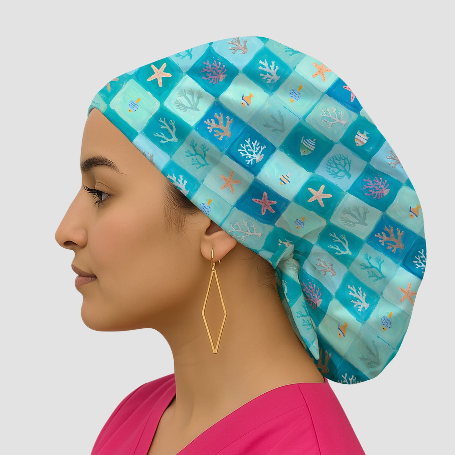 Ocean Coral Fish Starfish Checkered Pattern Nurse Scrub Cap, Surgical Caps for Doctors