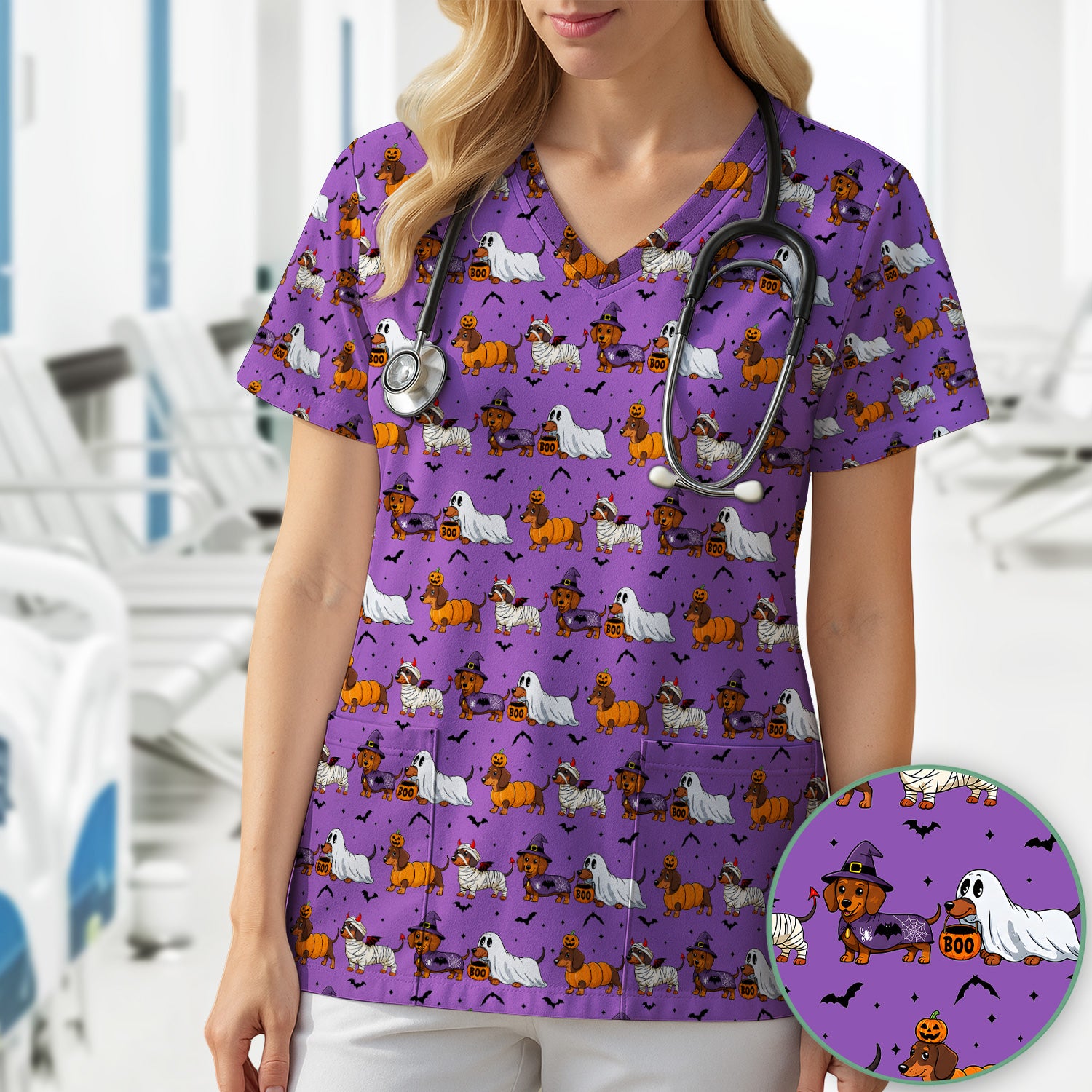 Halloween Dachshund for Veterinary Staff Scrub Top, Comfortable Scrubs for Nurses