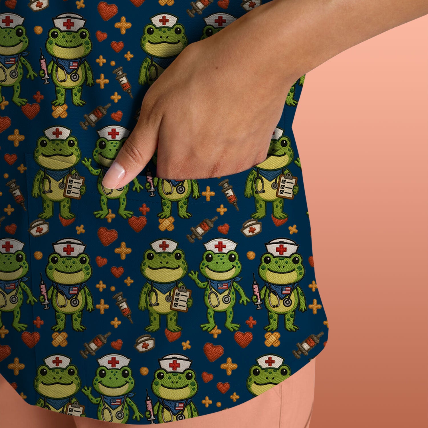 Frog Pattern Scrub Top, Cute Frog Scrub Shirt, Breathable Fabrics Nursing Uniform