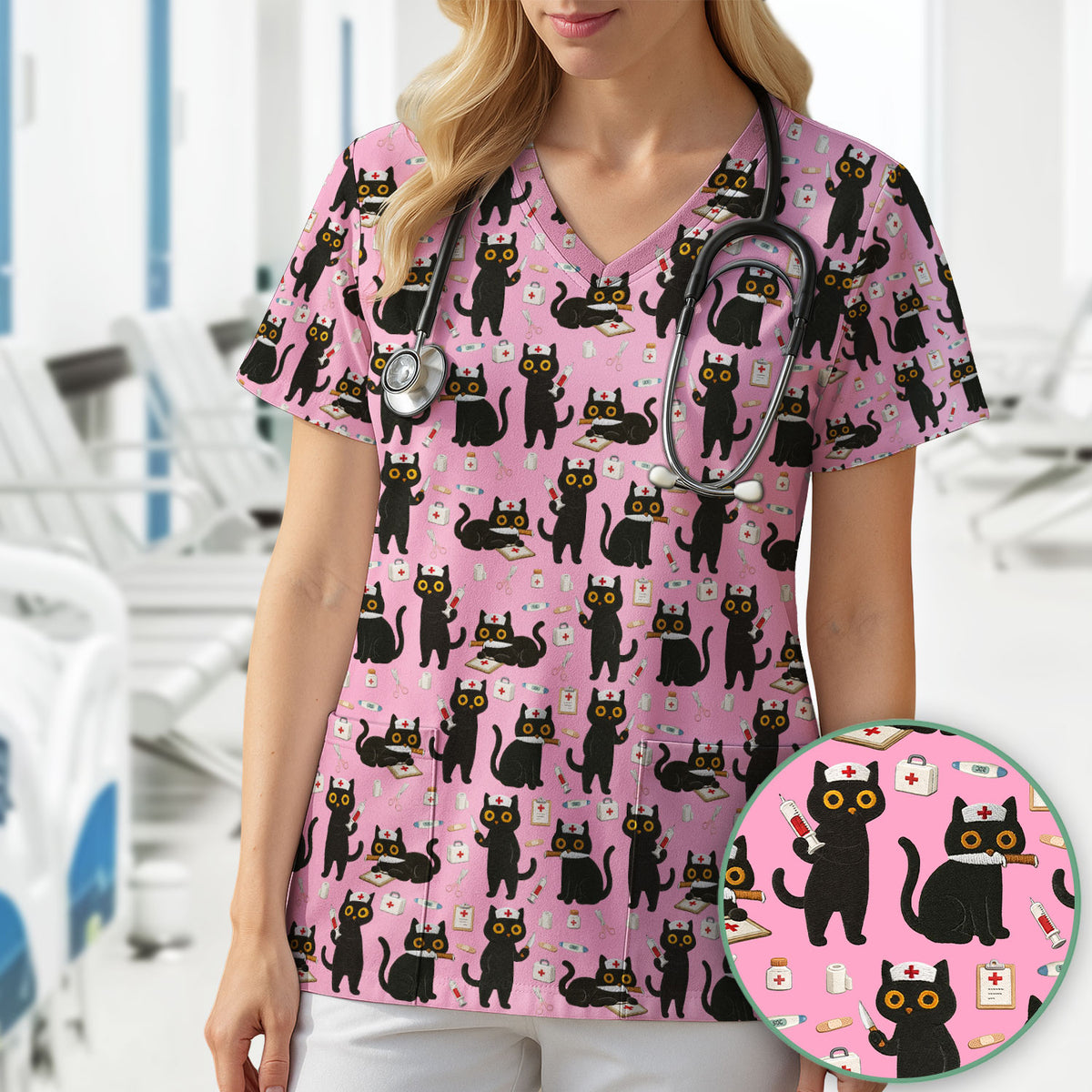 Cute Black Cat Nurse Pattern Scrub Top, Comfortable Scrubs for Nurses