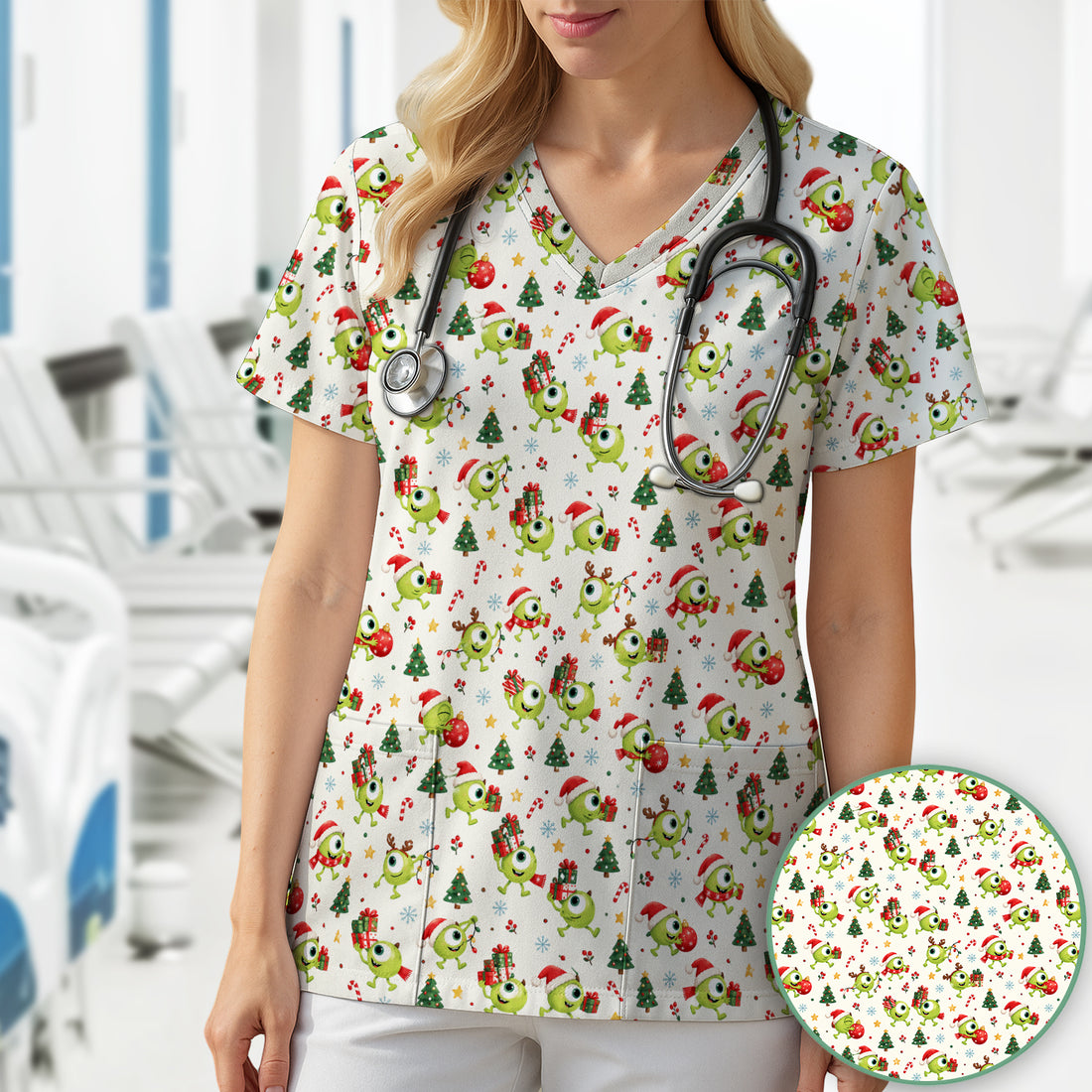 Christmas One Eyed Green Monsters Scrub Top, Comfortable Scrubs for Nurses