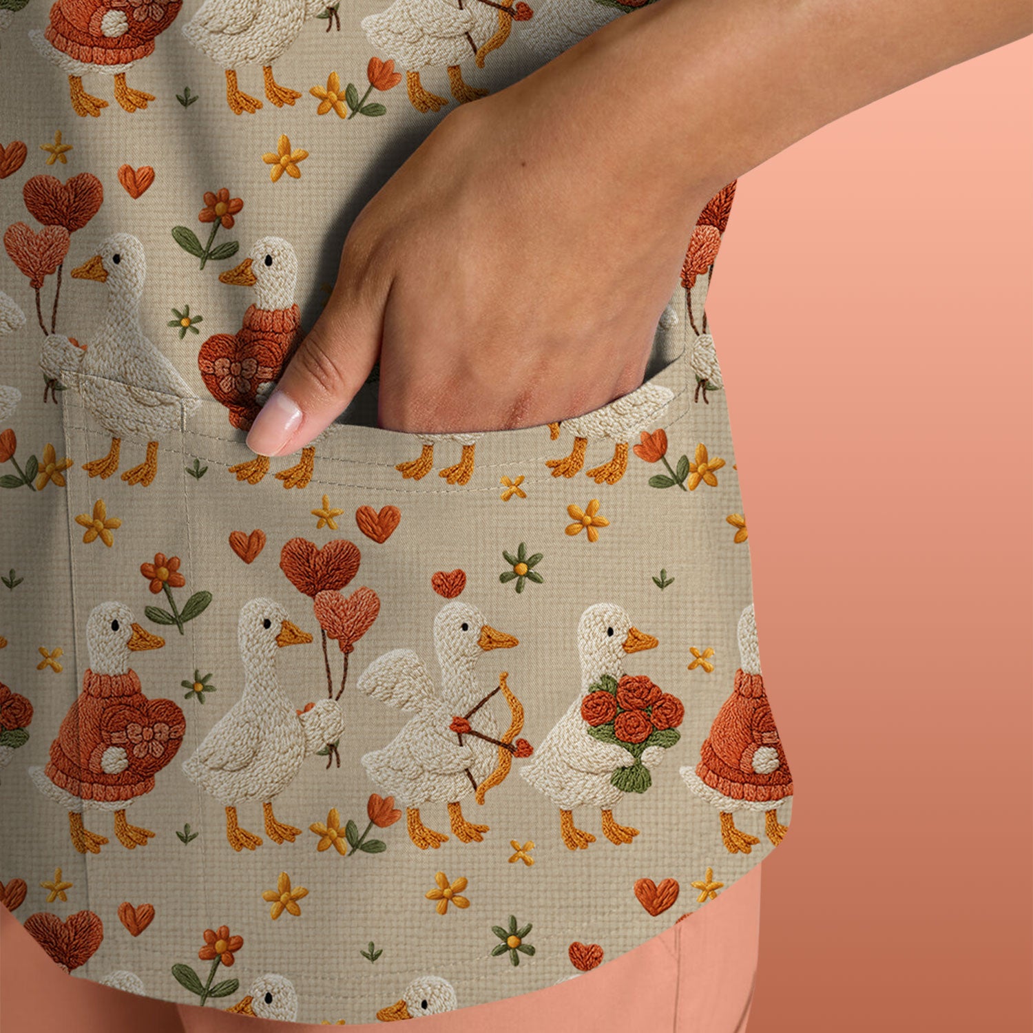 Cute Goose Nurse Scrub Top, Valentine Farm Medical Pattern Shirt, Breathable Fabrics Nursing Uniform